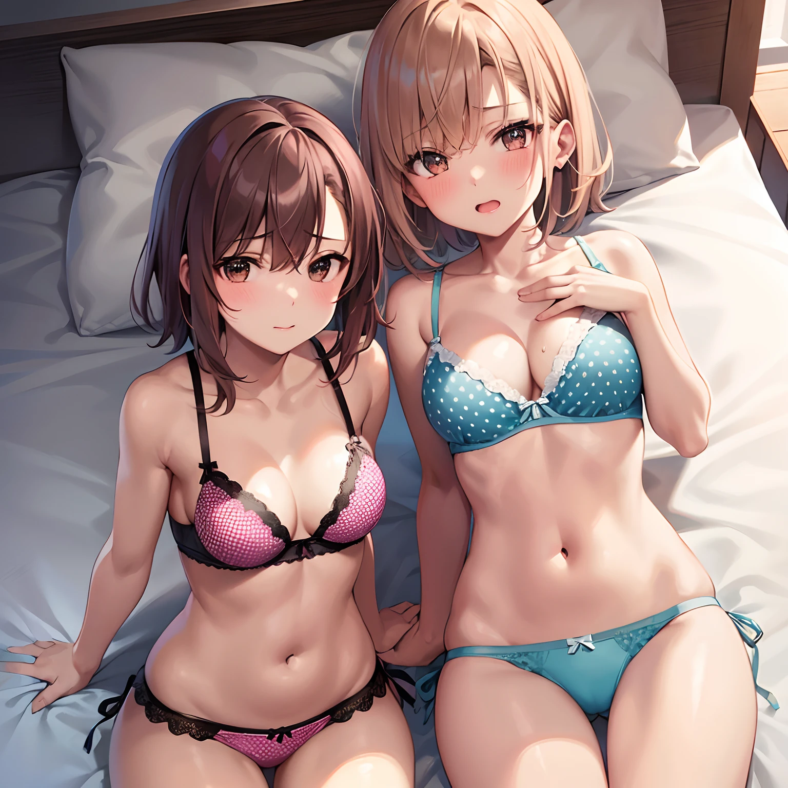 NSFW ４ｋqulity, top-quality, Misaka_mikoto, Brown-eyed, Short_hair, subminiature_Breast,）On a hotel bed　Blue lingerie　１６age　sexypose　Bewitching　Breaking a white bra with heavy sweating、Pink bra、Blue bra、Green bra、Greybra、Light grey bra、 Striped bra、Polka Dot Bra、Plaid bra、Cute bra、Kids Bra、Sportsbra、Camisole、Cotton panties