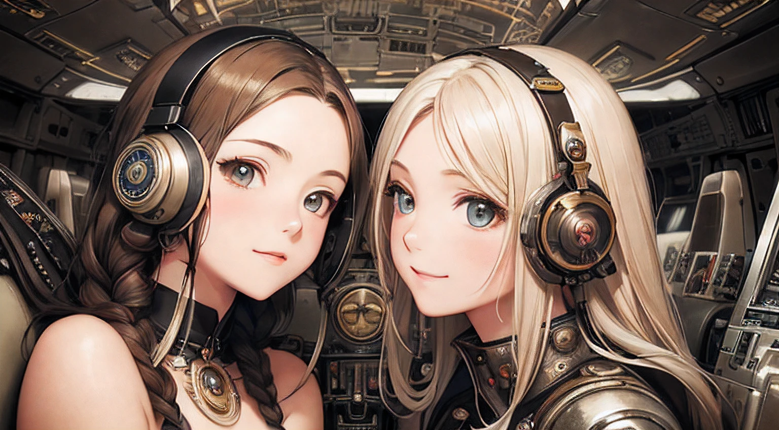 steampunk, two women, sitting in cockpit of world war 2 era fighter airplane, (((Masterpiece))), ((((Best quality)))), (((Ultra-detailed))), (CG illustration), ((Extremely delicate and beautiful)),(Cute and delicate face),Cinematic light,smiling, (Character focus), braided hair with rainbow highlights, (geometric:1.2), decorative headphone, range murata, last exile anime style, mechanical halo, lingerie