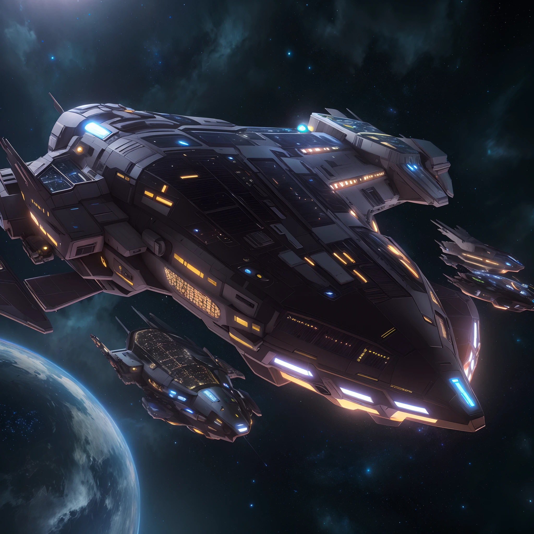 A huge spaceship,full bodyesbian,Solo,Spaceships in the Avengers,seen from outside,(multiple lighting sources:1.5),Detailed hull details,Cosmic galaxy background,Escaped spaceship,((Best quality)), ((Masterpiece)), (Epic composition:1.2), (unreal 5 render:1.1)