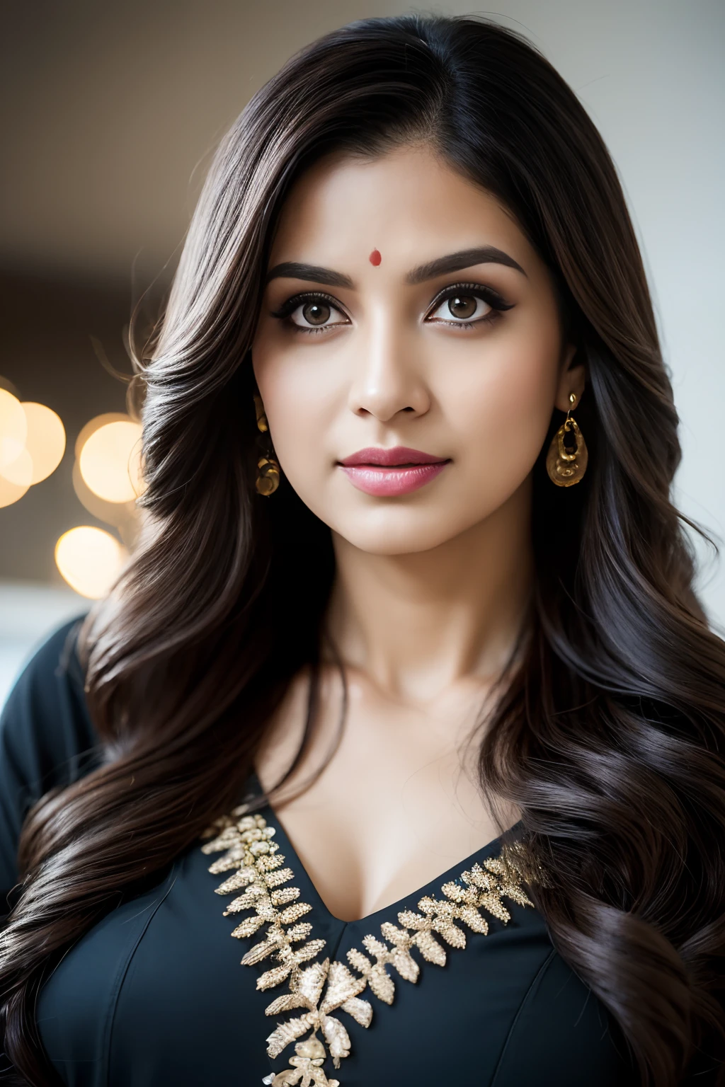 Portrait of A confident-looking indian girl long flowing hair, hazel and brown eyes, c-cup breasts, sitting on sofa, office background, bokeh, perfect composition, hyperrealistic, super detailed, 8k, high quality, trending art, trending on artstation, sharp focus,  studio photo, intricate details, highly detailed, art by greg rutkowski