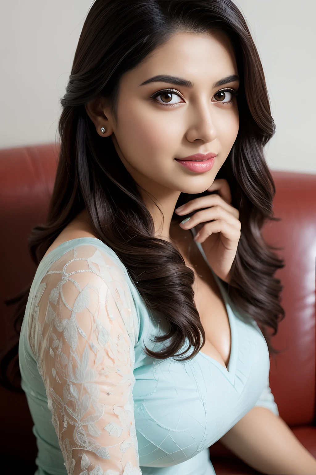 Portrait of A confident-looking indian girl long flowing hair, hazel and brown eyes, c-cup breasts, sitting on sofa, office background, bokeh, perfect composition, hyperrealistic, super detailed, 8k, high quality, trending art, trending on artstation, sharp focus, studio photo, intricate details, highly detailed, art by greg rutkowski