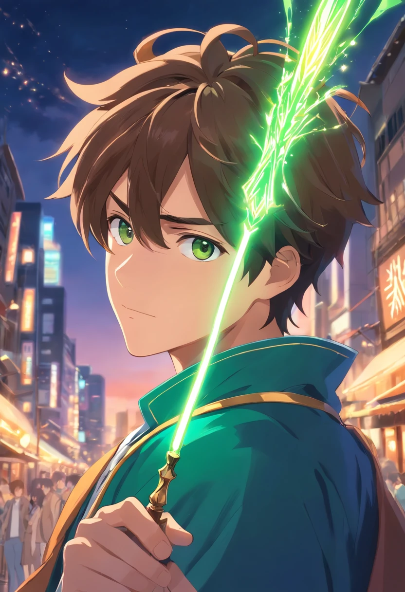 Mage with brown hair green eye's male and a wand
