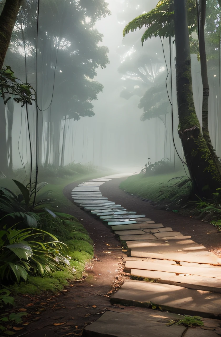 a perfect beautiful foot path in the middle of a dark amazon rain forest, photorealistic, natural, the atmosphere covered with fog., photo, poster, 3d render, product, wildlife photography