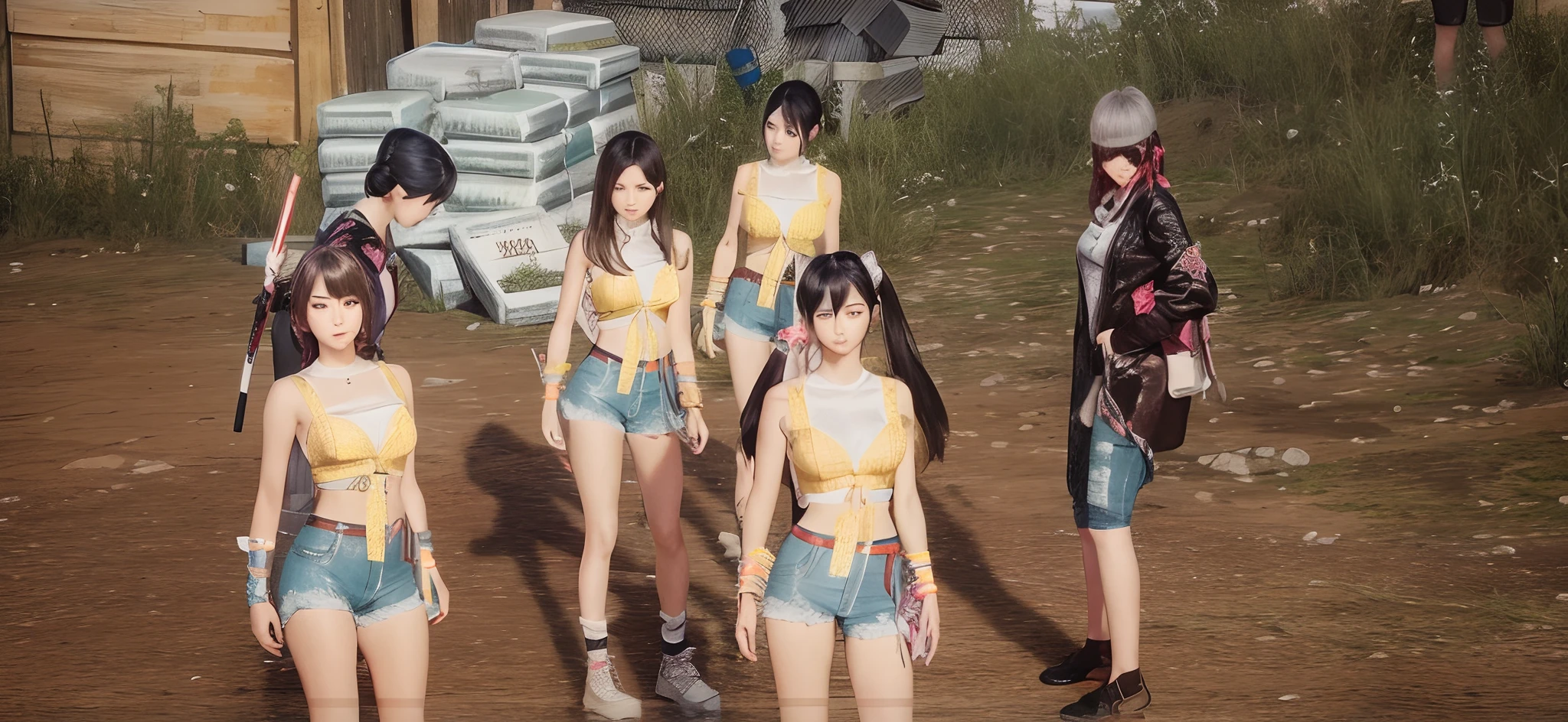 there are four girls standing in a line in a field, dead or alive 6, in - game, in-game, korean mmorpg, in game, style game square enix, blade and soul, many npcs on the streets, diverse outfits, screenshot from game, jrpg aztec street fashion