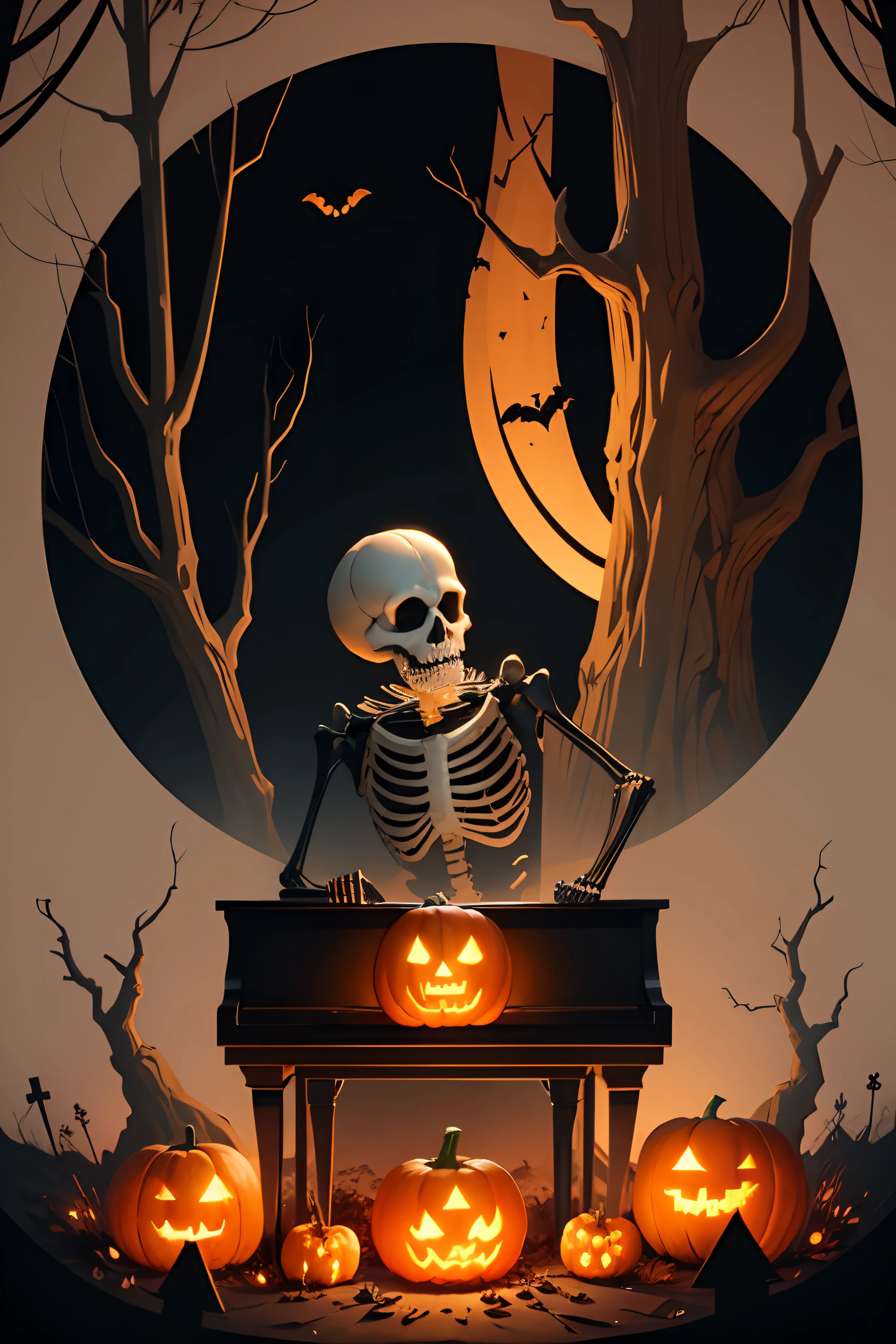 A skeleton wearing leather jacket playing piano in a dark forest with pumpkins lantern, cartoon style, fun and scary spirit, halloween scene, isolated white background, vector art, digital painting, printable