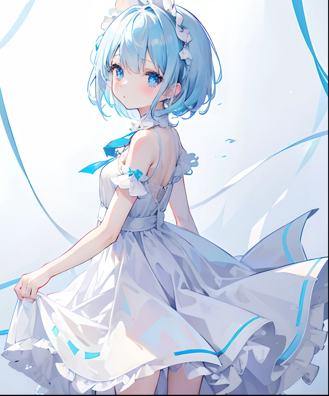 Delicate light blue pupils,Milky white is cute and cute short hair,Super cute blue speckled light cream milk dress,There are gauze clothes, It is a simple cute little li