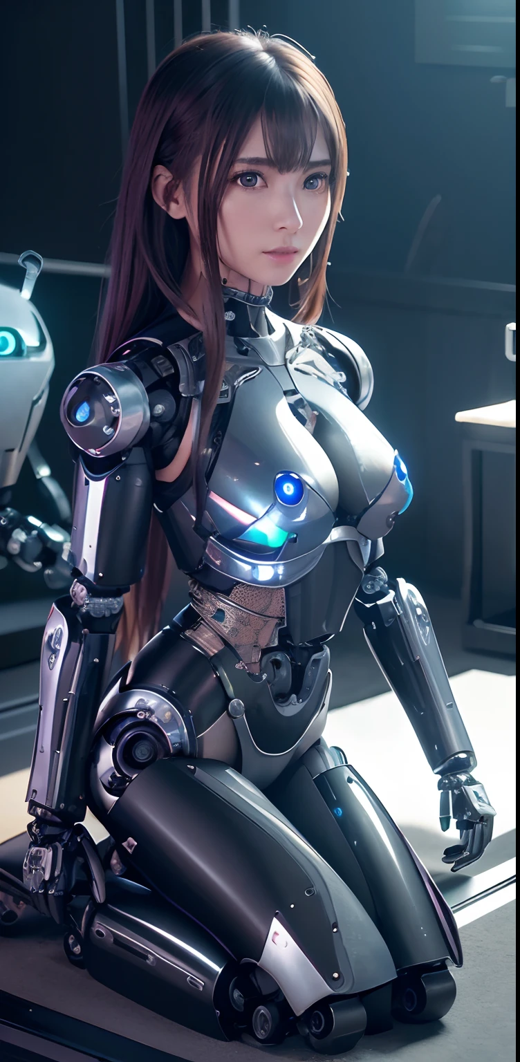 A Female robot exposes her inside mechanical organ. spread legs, nude, banzai pose. she wears no dress. Her Brown very short pigtails is tied with two big red clothespins, masterpiece, mature, android, blue eyes, full body figure, Height: 160cm, flushed cheeks, Uplifting, No NSFW, whole body, barefoot, archaic smile, orgasm, sweat bucket. no panties, full body shot, floating hair, looking away. cyborg made from rung to heaven. She leans arching her back hi-res position.