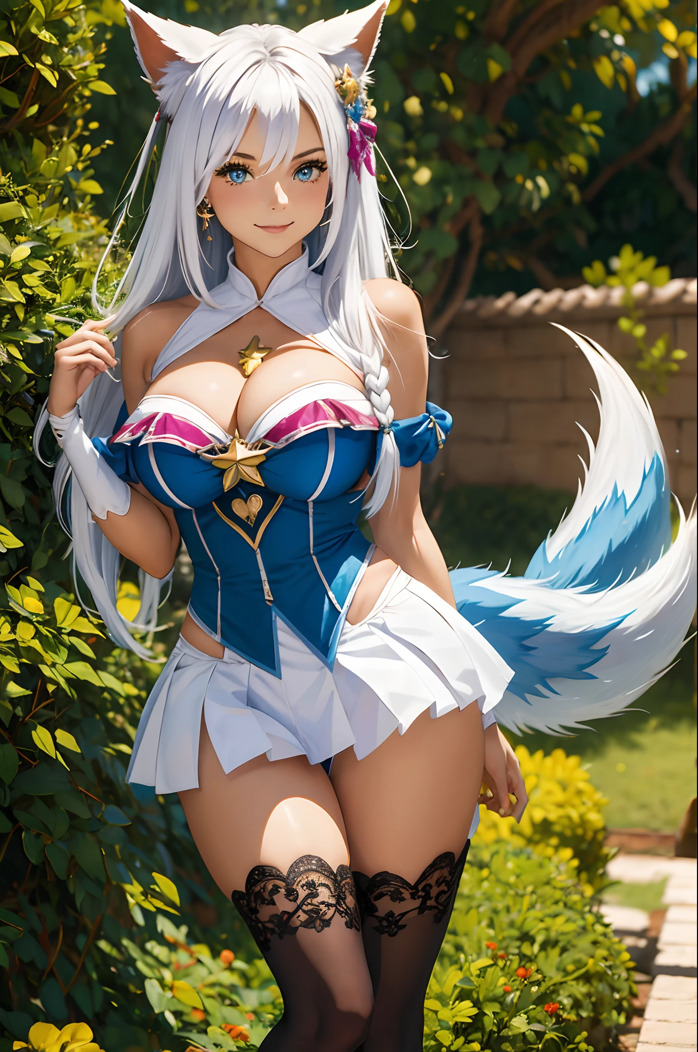 (master part, best quality:1.2), detalhes intrincados, Guardian Star Ahri, 1girl, orelhas de animais, ornamento de cabelo, Mangas em destaque, bareshoulders, Saia, magical girl, Multiple Tails, white hair, sorriso leve