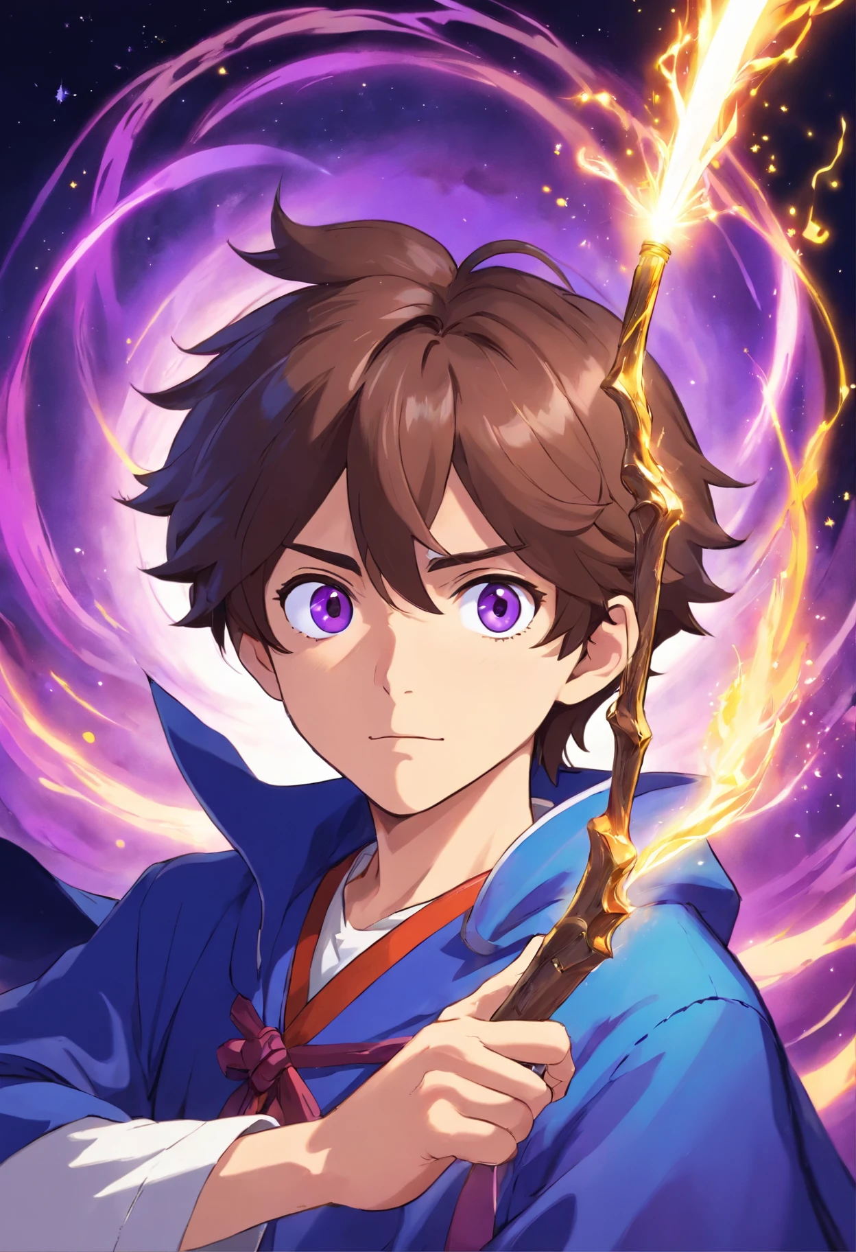 Mage with brown hair Purple eye's male and wand