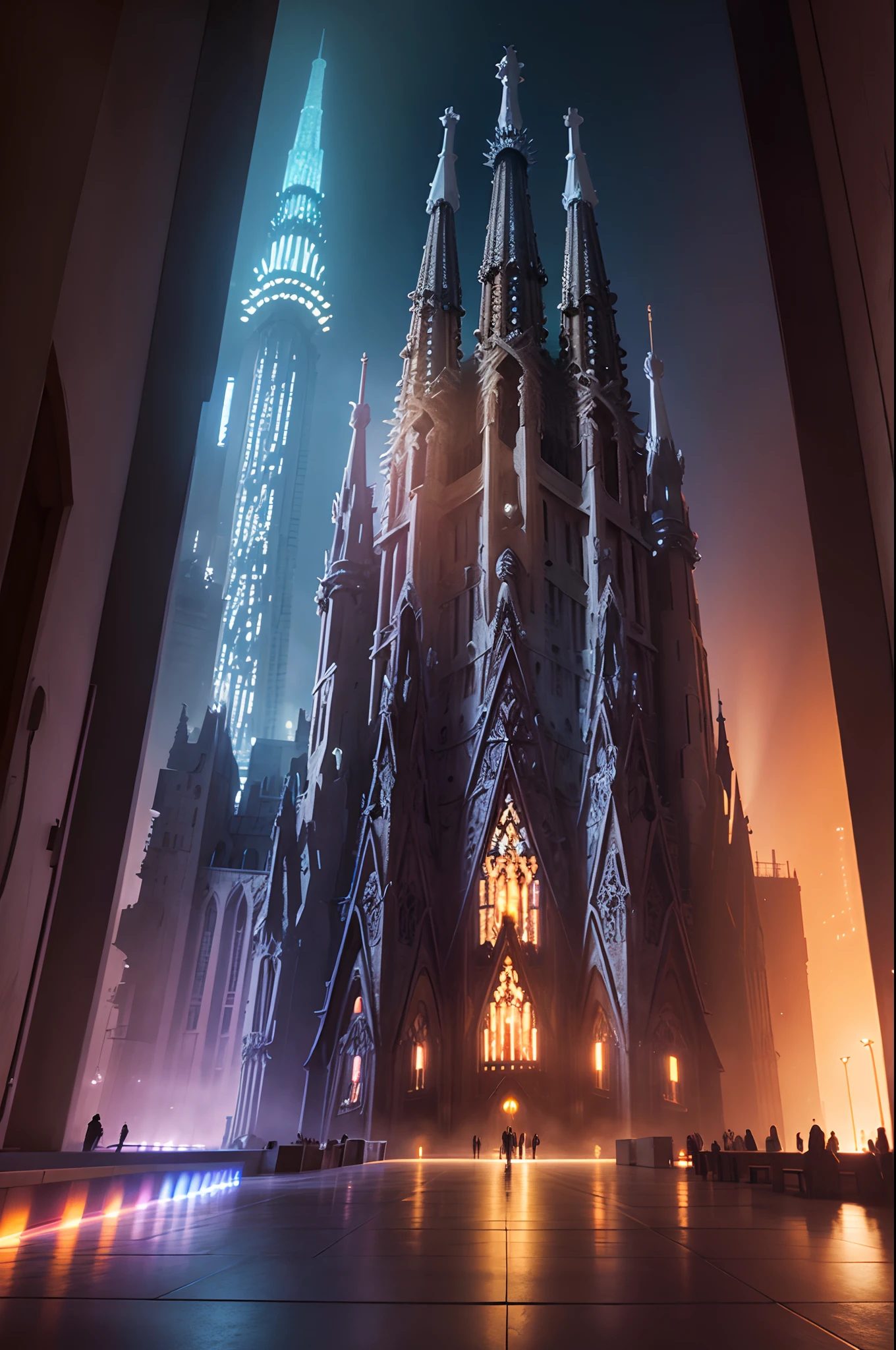 Sagrada Familia with cyberpunk laser illumination