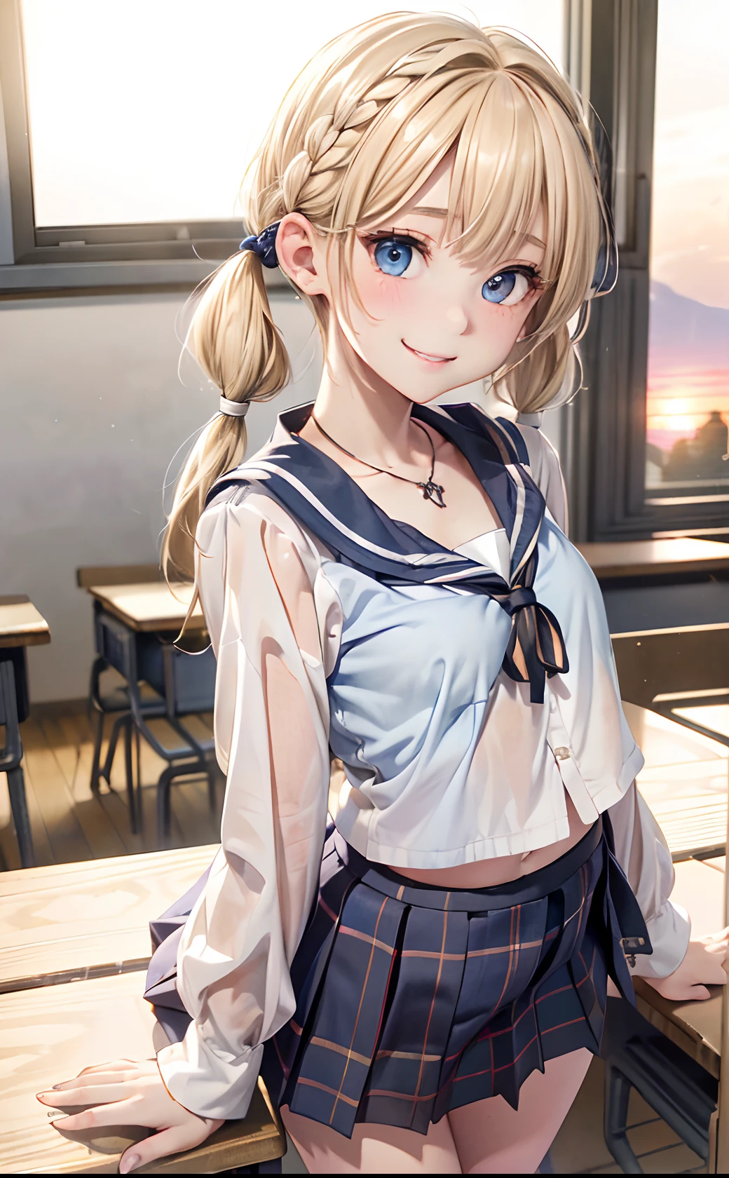 absurderes, ultra-detailliert,(8K:1.5),masuter piece,extremely beautiful detailed face and eyes,(Short hair:1.3), (Pattsun bangs:1.3), (Blonde hair with short twin tails:1.4), Detailed skin,Realistic eyes、Sharp pupils、medium breasts、cowboy shot,(Inside the classroom dyed in the sunset:1.3)、school、beauitful face、blurry backround、16-year-old beautiful girl、shinny skin、 Shiny hair, (Deep Blue Eyes:1.3)、(Katyusha:1.2)、a sailor suit、Pleated Plaid Mini Skirt、Curve、Sitting on a desk、(Holding the skirt with your hands:1.2)、(Little devil smile:1.2),Small Cross Necklace,Earrings in the ears