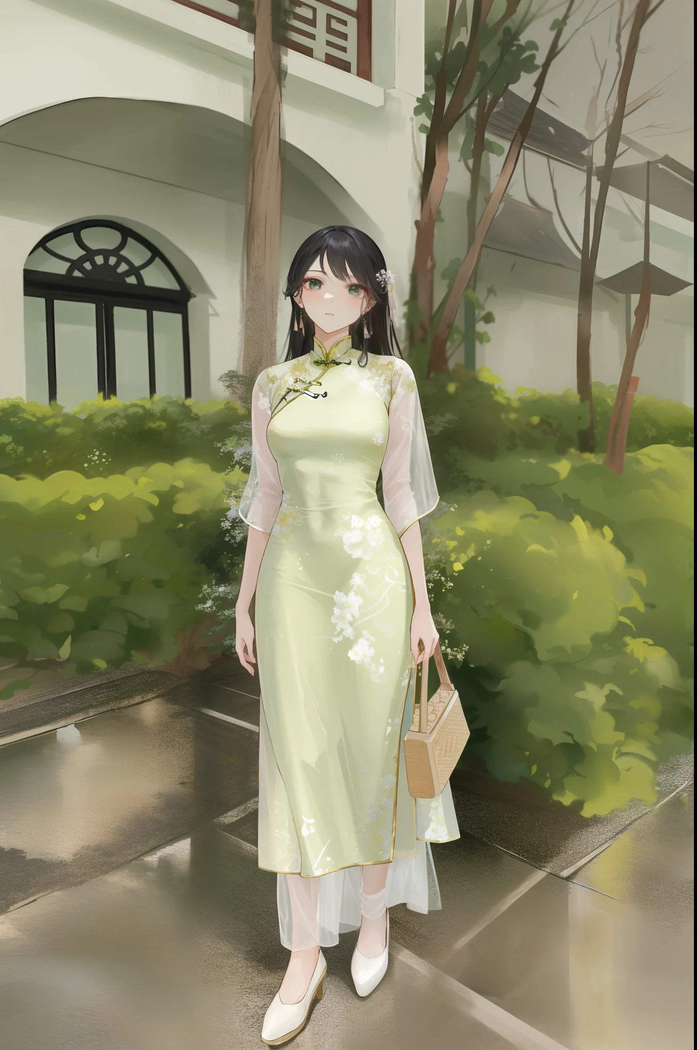 a woman in a green dress standing in front of a building, ao dai, in style of lam manh, soft silk dress, cheongsam, with acient chinese clothes, light half opened dress, phong shaded, chinese dress, mai anh tran, traditional chinese clothing, traditional, inspired by Cui Bai, white hanfu, dang my linh