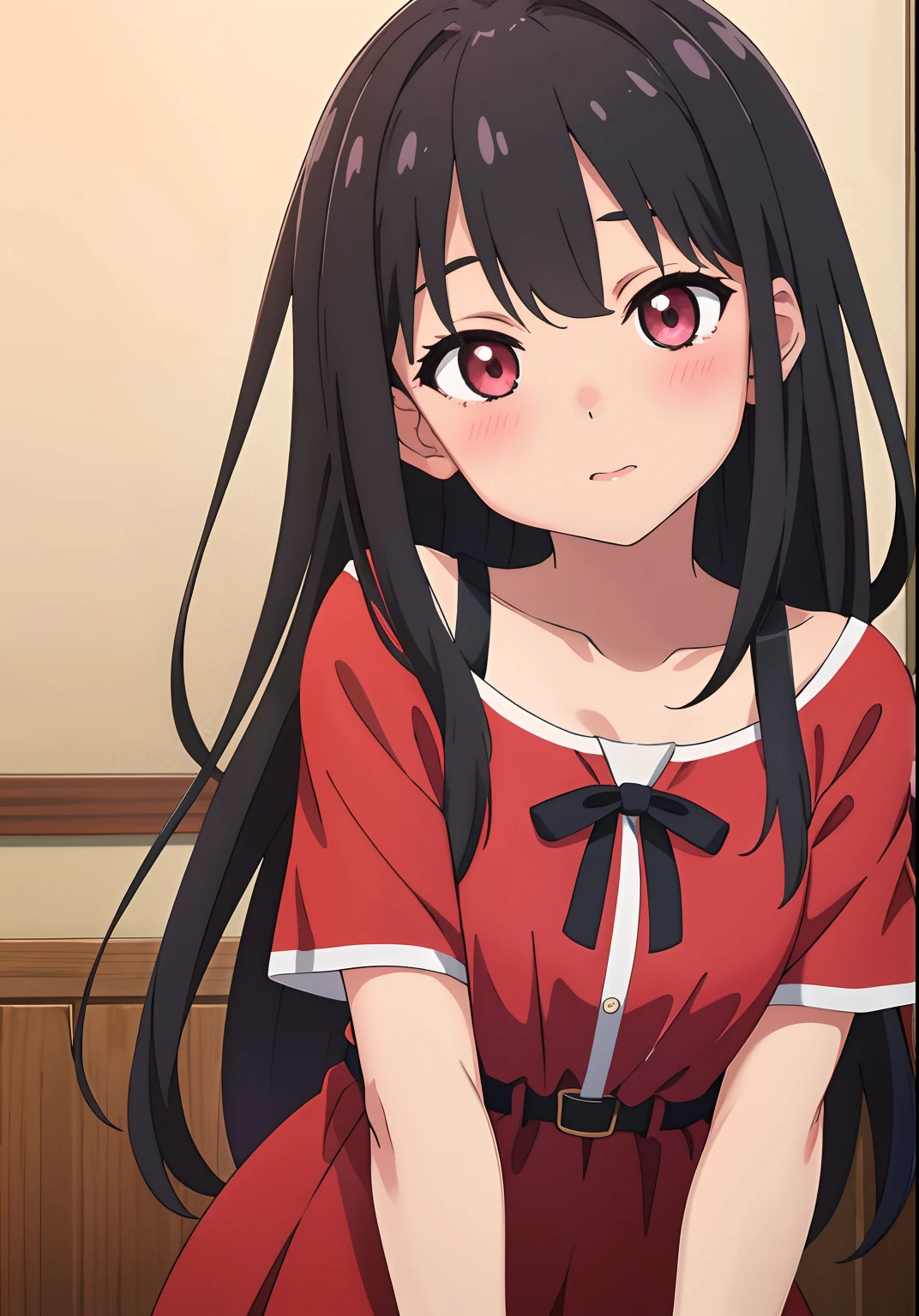 (Hi-Res、top-quality:1.2)、1girl in、red blush、独奏、doress、Takina Inoue