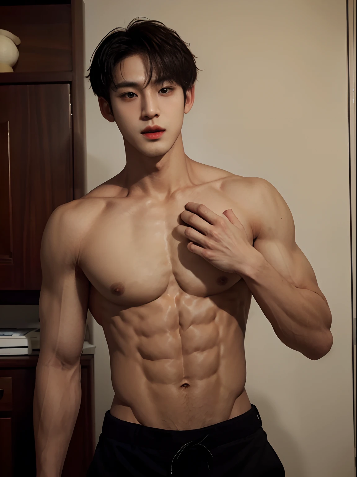 1 boy, masterpiece, handsome, Korean boy, musclar, abs, 6 sixpack, half body, nice body, naked, bulge, boyfriend material, room, holding the chest, squeezing the chest