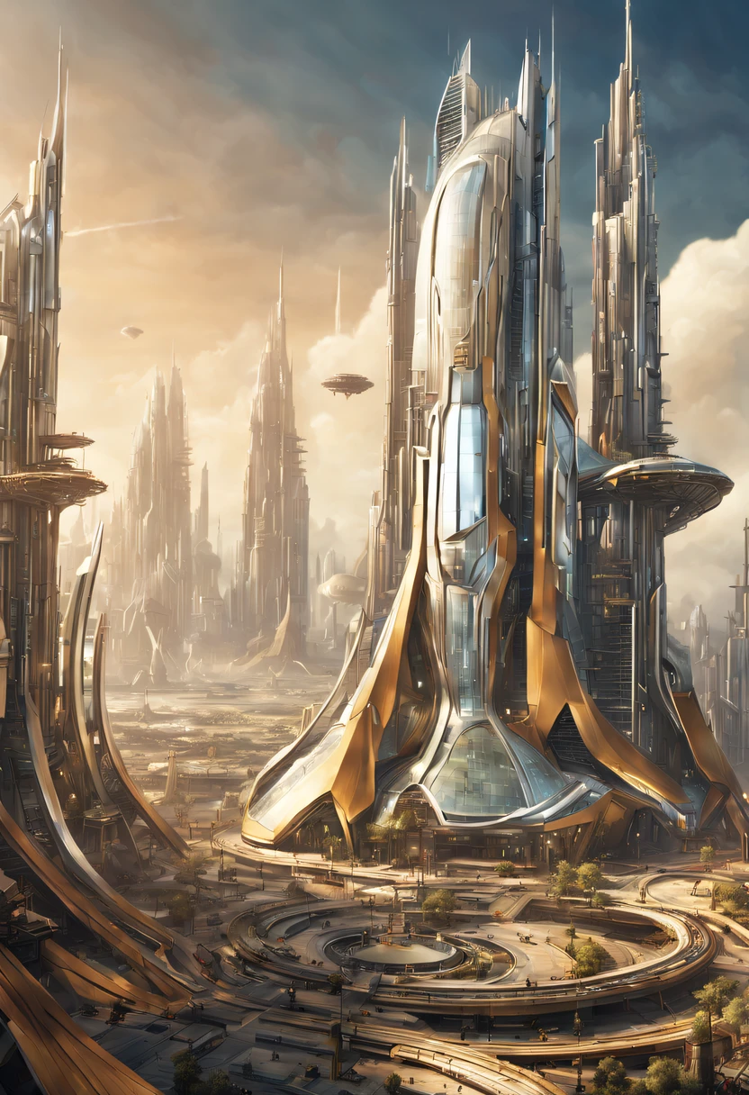 On an unknown planet there is a futuristic city with immense buildings of technological design, con estructuras acristaladas en plata, oro y bronce y maquinarias espectaculares en la que sobrevive un robot femenino espectacular. con colores vivos.
