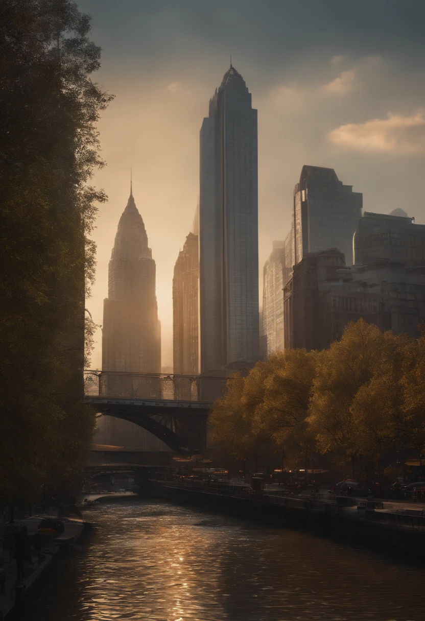 (best quality,4k,8k,highres,masterpiece:1.2),ultra-detailed,(realistic,photorealistic,photo-realistic:1.37),oil painting,textured brushstrokes,vivid colors,sharp focus,professional,studio lighting,landscape,streets,cityscape,high-rise buildings,reflection on water,play of light and shadow,morning sunlight,hazy atmosphere,serene and calm,harmonious composition,impressionistic,brush strokes,beautiful detailed eyes,beautiful detailed lips,extremely detailed facial features,long eyelashes