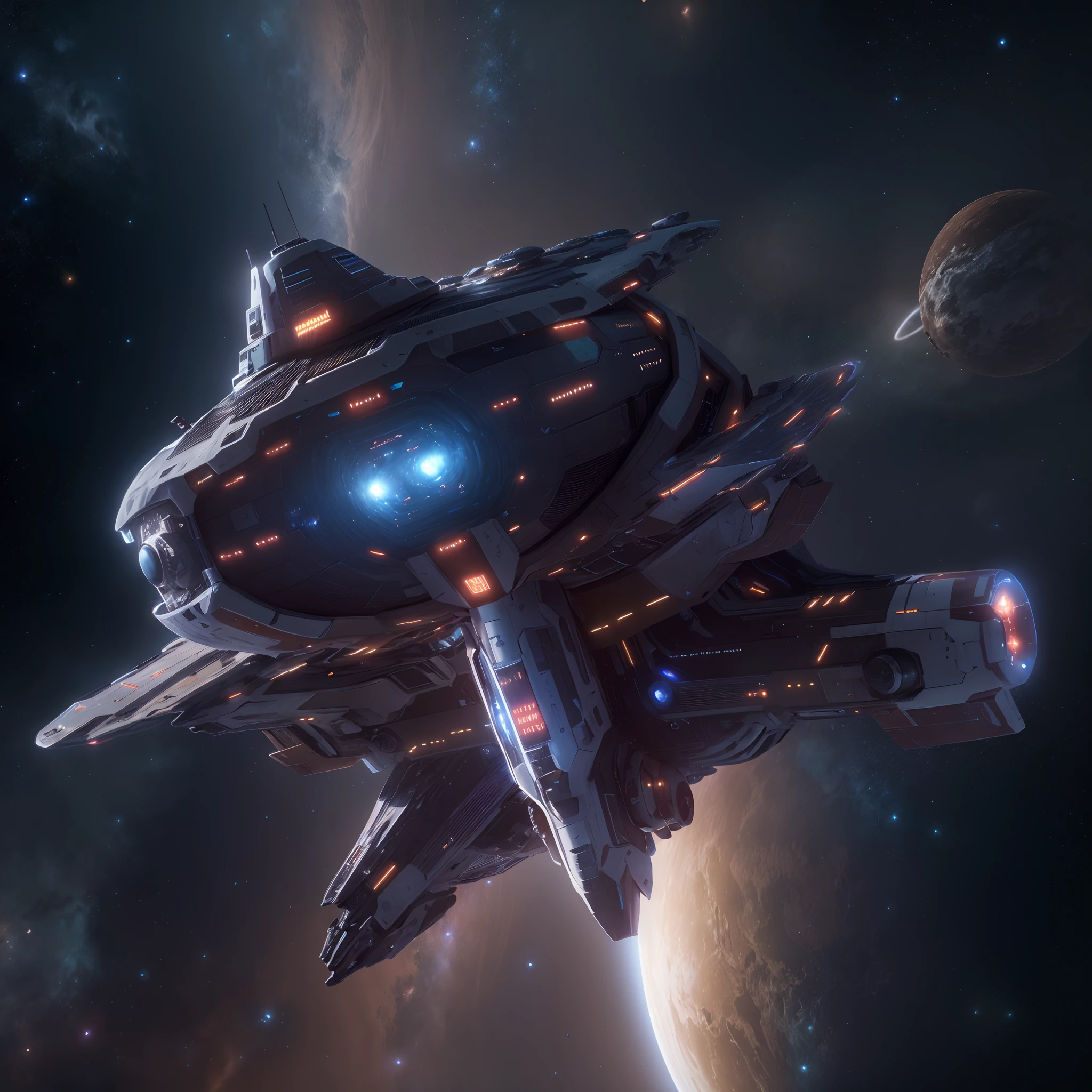 A huge spaceship,full bodyesbian，Solo，Spaceships in the Avengers，seen from outside，(multiple lighting sources:1.5),Detailed hull details,Cosmic galaxy background,Escaped spaceship,((Best quality)), ((Masterpiece)), (Epic composition:1.2), (unreal 5 render:1.1)