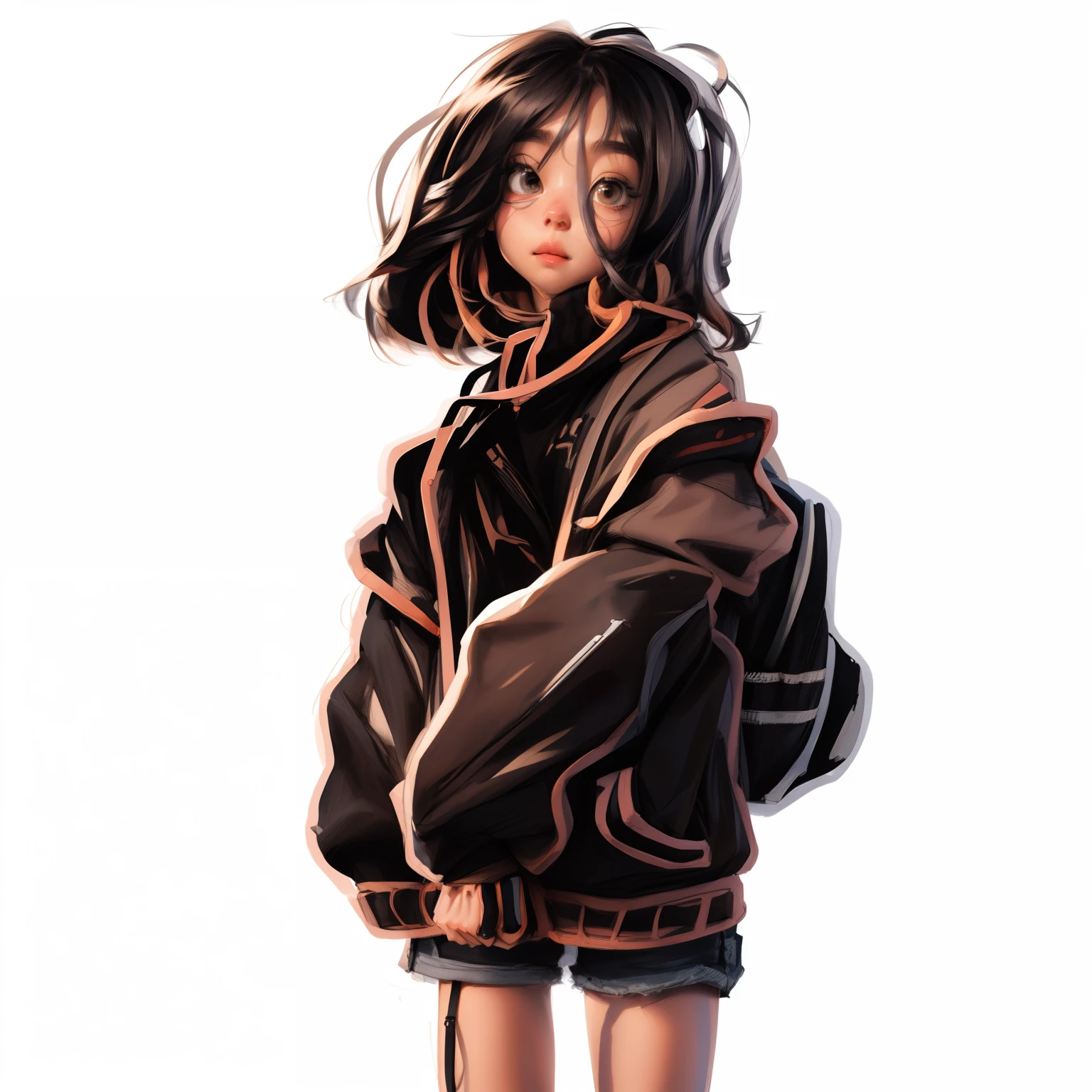 drawing of a girl with a backpack and a jacket, casual pose, full body portrait of a short!, sketchy artstyle, unrealistic character concept, urban girl fanart, single character full body, in an anime style, girl sketch, casual clothing, full body character drawing, wearing a sweater, wearing casual clothes, wearing a baggy, loose pencil sketch, with clothes on