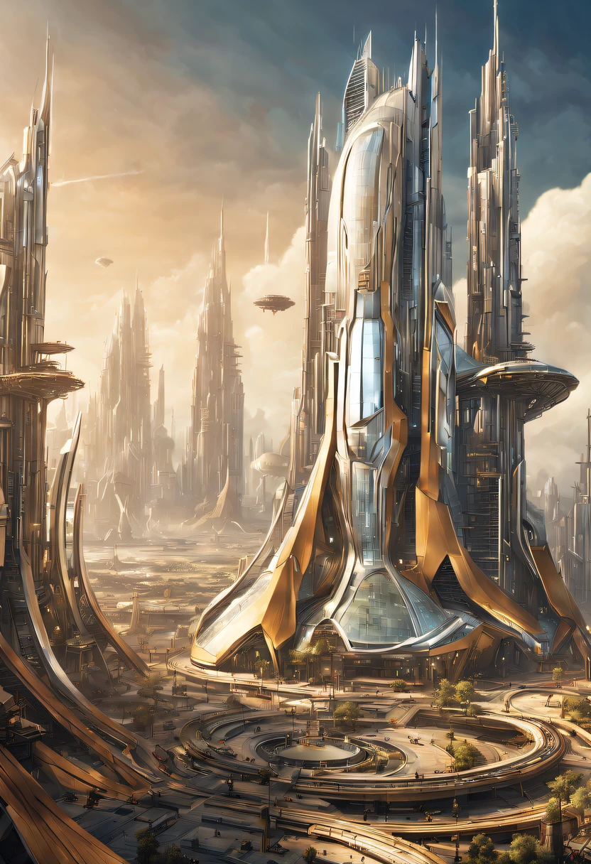On an unknown planet there is a futuristic city with immense buildings of technological design, con estructuras acristaladas en plata, oro y bronce y maquinarias espectaculares en la que sobrevive un robot femenino espectacular. con colores vivos.