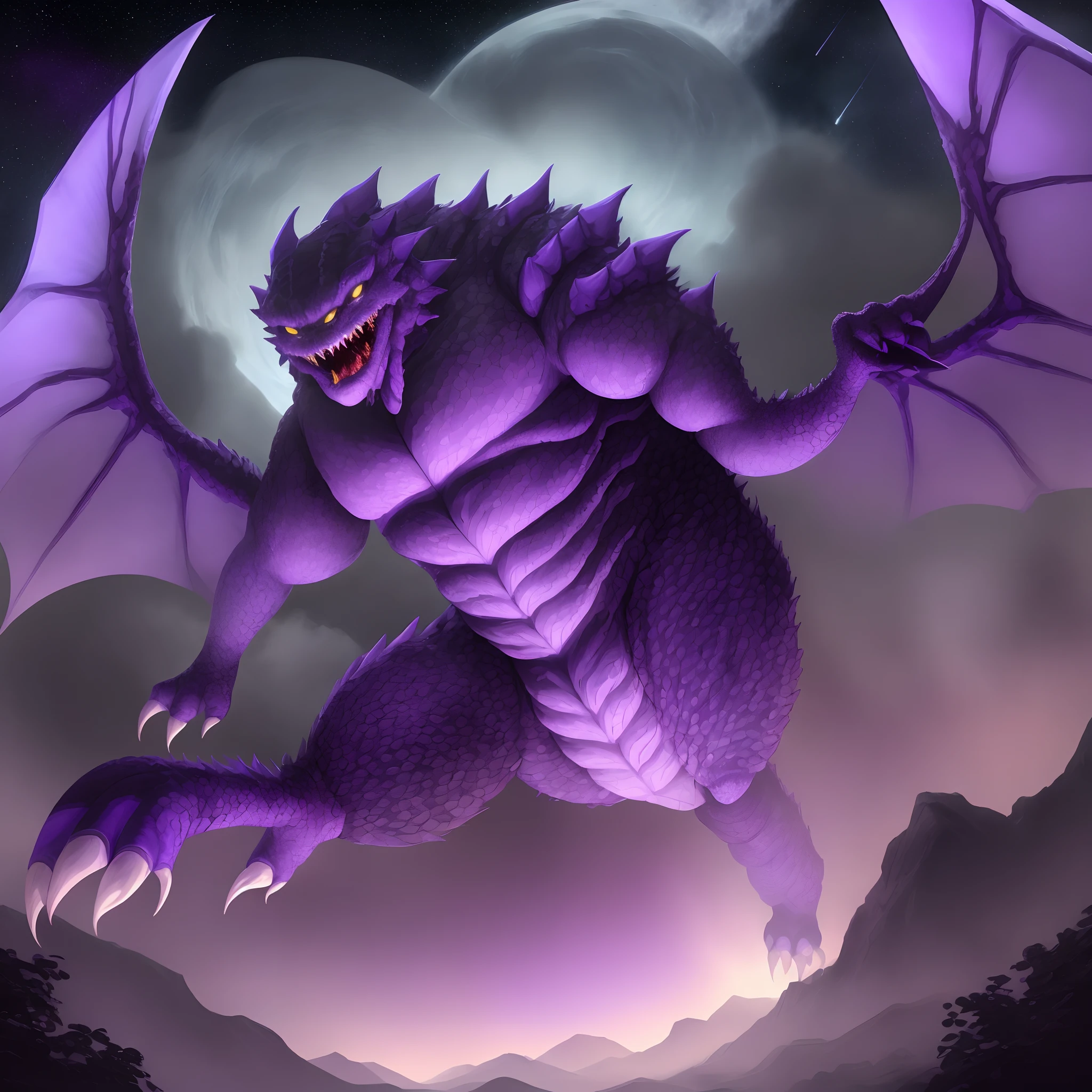 A purple monster the size of a mountain, The body is covered with soft, fluffy thick purple fur, shimmers in the sun , Two large, rounded eyes in the form of purple gemstones, that shine and radiate light in the dark, a wide mouth with rows of sharp fangs on the upper and lower jaw, Different sizes and shapes of teeth, It has four powerful limbs with sharp claws at the ends, The legs are short, but strong, allowing him to move quickly and dexterously,At the ends of the paws, instead of toes, there are long, flexible toes, The monster has giant patterned wings, that change their color from bright purple to dark purple and back again, Each wing is decorated with colorful patterns, reminiscent of purple flowers and stars. The monster stands out against the starry sky, painted in dark purple shades, on which twinkle many white and purple stars. Despite its size, The monster moves with ease, as if floating in the air, Leaving a purple trail in its wake.