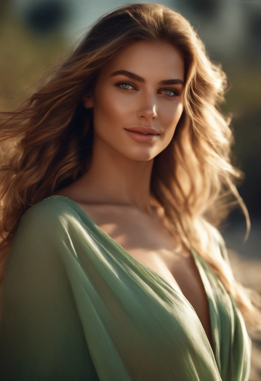 Cinematic soft lighting illuminates a stunningly detailed and ultra-realistic beautiful Greek supermodel, beach look, long messy windy dark blonde hair, clear green eyes, captivating perfect smile, sensual, hot woman, gorgeous, that is trending on ArtStation. Octane is the perfect tool to capture the softest details of this 16k photography masterpiece.