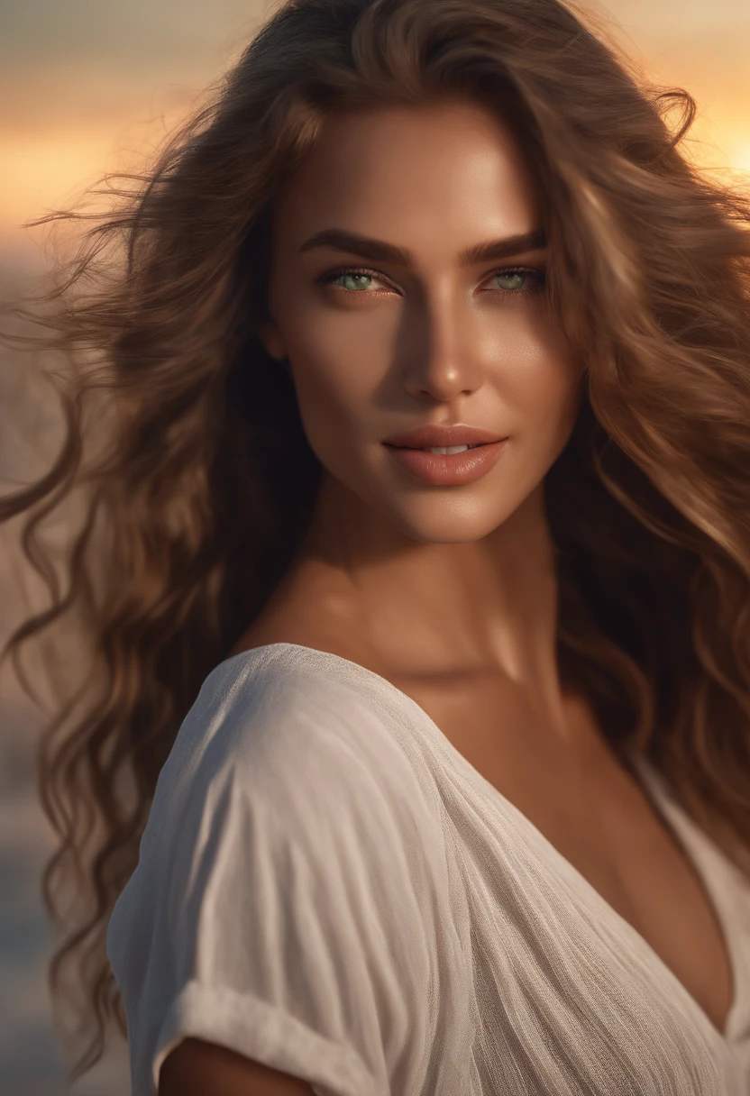 Cinematic soft lighting illuminates a stunningly detailed and ultra-realistic beautiful Greek supermodel, beach look, long messy windy dark blonde hair, clear green eyes, captivating perfect smile, sensual, hot woman, gorgeous, that is trending on ArtStation. Octane is the perfect tool to capture the softest details of this 16k photography masterpiece.