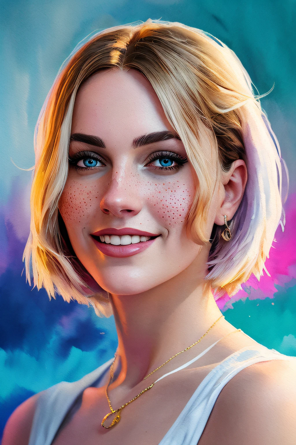 Portrait of beautiful smiling woman with some freckles, Snowy mountain landscape background Ilya Kuvshinov and Anne Leibovitz. synthwave watercolor painting on canvas trending in artstation dramatic lighting abstract expressionism pastel shades tones (HD) golden ratio details aesthetic octane render excellent composition natural textures 8k oil paining masterpiece canon eos r4s 50
