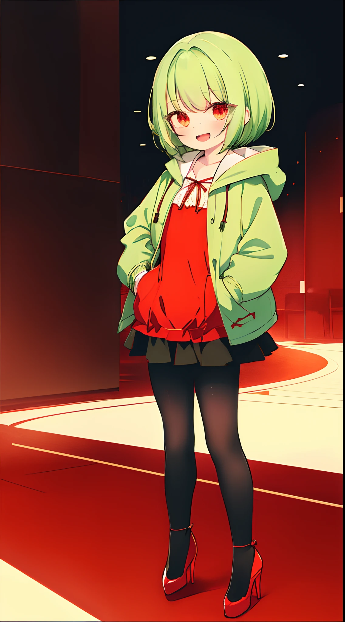 1girll, Solo, Green hair, Red eyes, Short hair, shirt, Open mouth, Smile, red colour,Wear a red ta dress。Red tight dress,Hood, Jacket, view the viewer, kazami yuuka, Long sleeves, bangs,shorter pants,lacepantyhose,Hand in pocket,high-heels,Full body photo