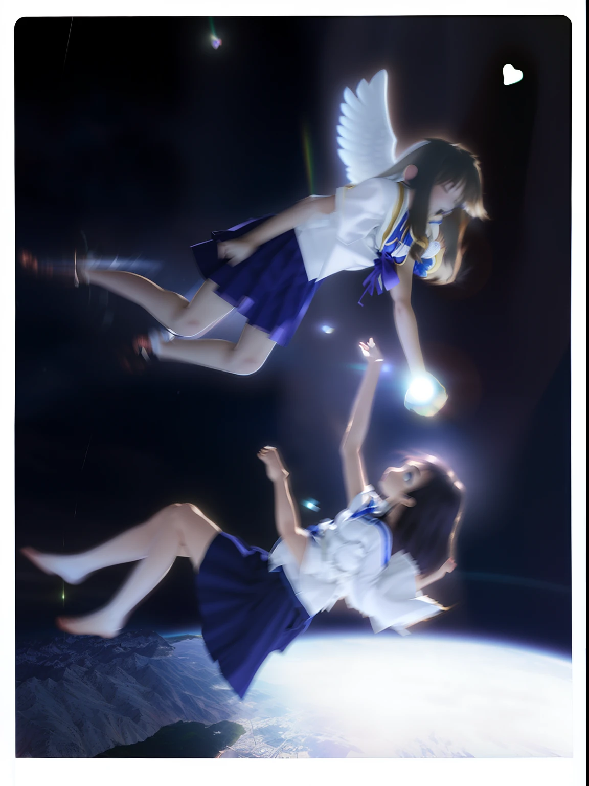There are two girls flying in the air, [ zero - gravity ]!!, Anime style mixed with Fujifilm, [ Floating ]!!, she is floating in the air, Flying angels, distorted photo, distorted pose, dramatic magic floating pose, anaglyph effect ayami kojima, low quality photo, in the astral plane ) ) )