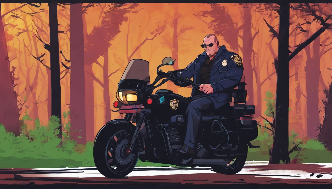 a 45-year-old police officer with black short hair and a distinctive black jacket. He's a seasoned investigator who doesn't let the pouring rain deter him from riding his trusty motorcycle down a winding forest road at night with heavyrain, chasing down mysteries that lurk in the darkness. With a flashlight in one hand and a determined look in his eye, Detective Steele is always ready to uncover the truth, no matter how hidden it may be.