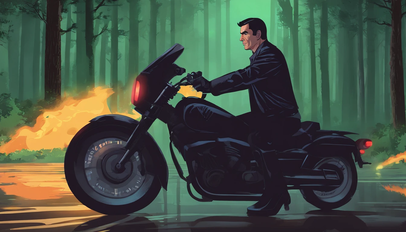 a 45-year-old police officer with black short hair and a distinctive black jacket. He's a seasoned investigator who doesn't let the pouring rain deter him from riding his trusty motorcycle down a winding forest road at night with heavyrain, chasing down mysteries that lurk in the darkness. With a flashlight in one hand and a determined look in his eye, Detective Steele is always ready to uncover the truth, no matter how hidden it may be.