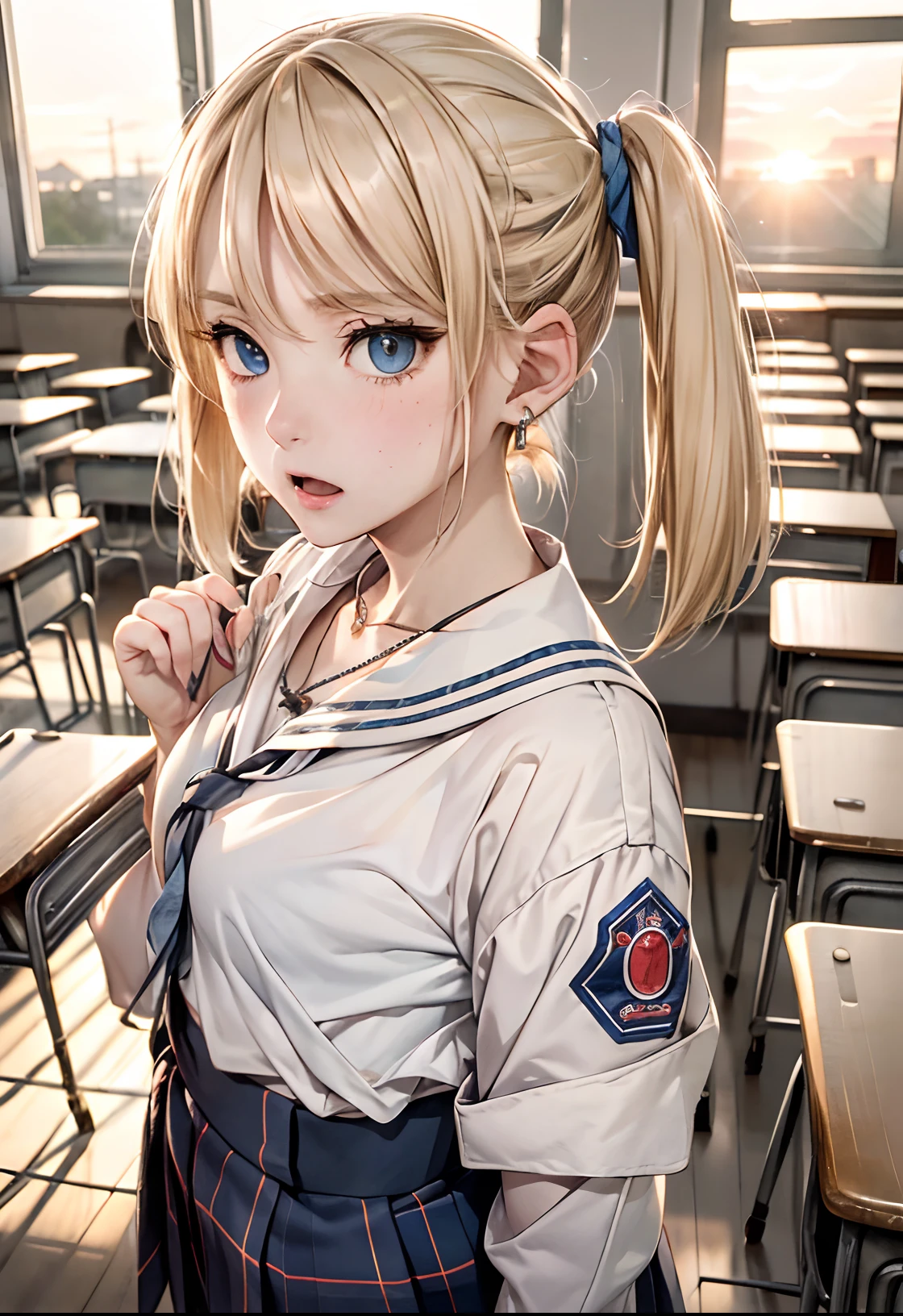 absurderes, ultra-detailliert,(8K:1.5),masuter piece,extremely beautiful detailed face and eyes,(Short hair:1.3), (Pattsun bangs:1.3), (Blonde hair with short twin tails:1.4), Detailed skin,Realistic eyes、Sharp pupils、medium breasts、cowboy shot,(Inside the classroom dyed in the sunset:1.4),blurry backround、Beautuful Women、shinny skin、 Shiny hair, (Deep Blue Eyes:1.3)、(Katyusha:1.4)、a sailor suit、Pleated Plaid Mini Skirt、Curve、Standing by the window、(Holding the skirt with your hands:1.2)、(Surprised and embarrassed:1.4),Small Cross Necklace,earrings in the ears
