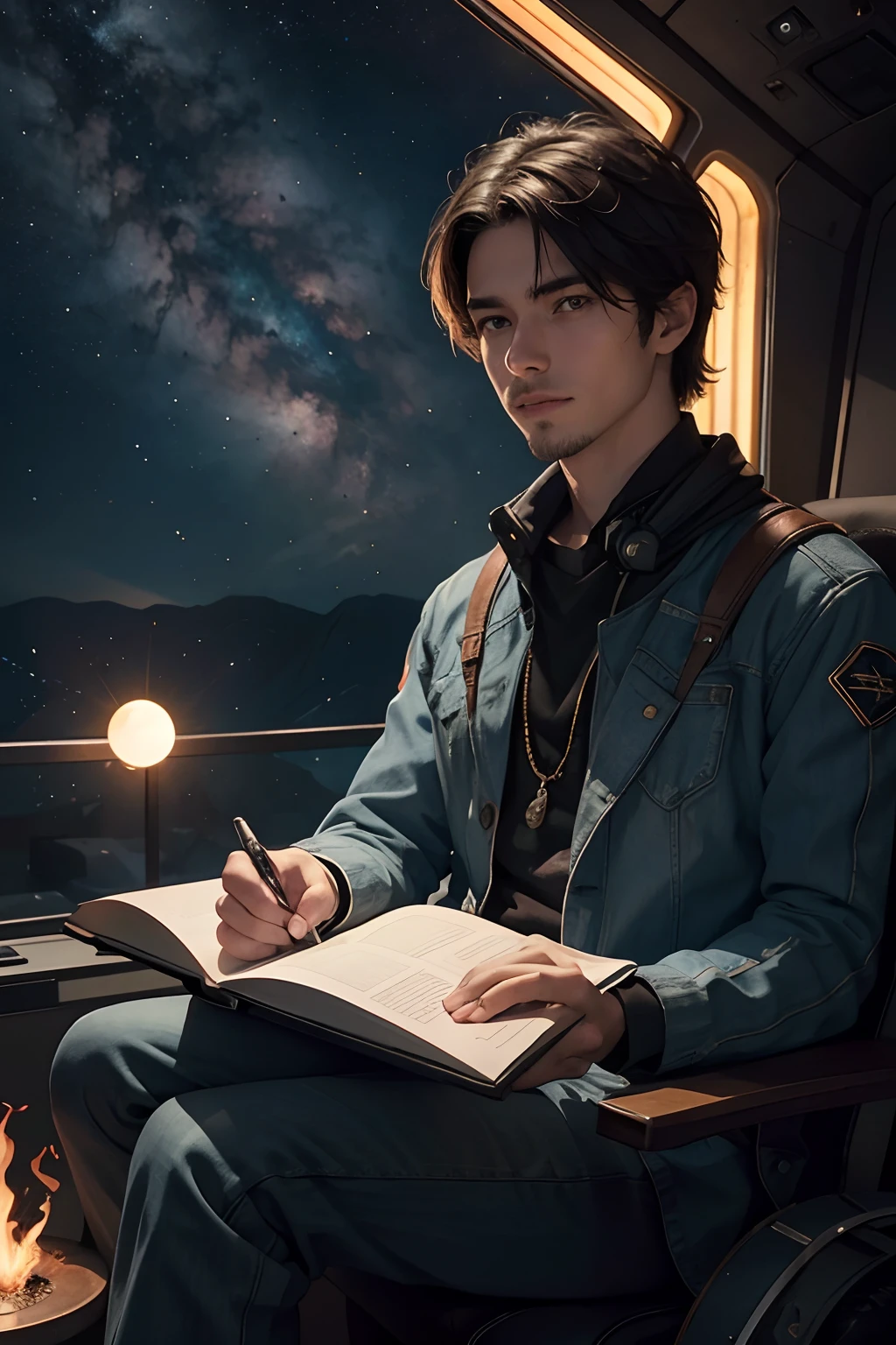 Draw a young programmer, sitting on a research platform floating in the middle of an asteroid belt. He is studying with a notebook, surrounded by several asteroids glowing with fiery auras. Dramatic lighting from distant stars and planets illuminates the scene, casting deep shadows on the suit. The young man looks confident and determined, looking at the vast and mysterious universe with wonder and respect,facial hair, cowboy shot,