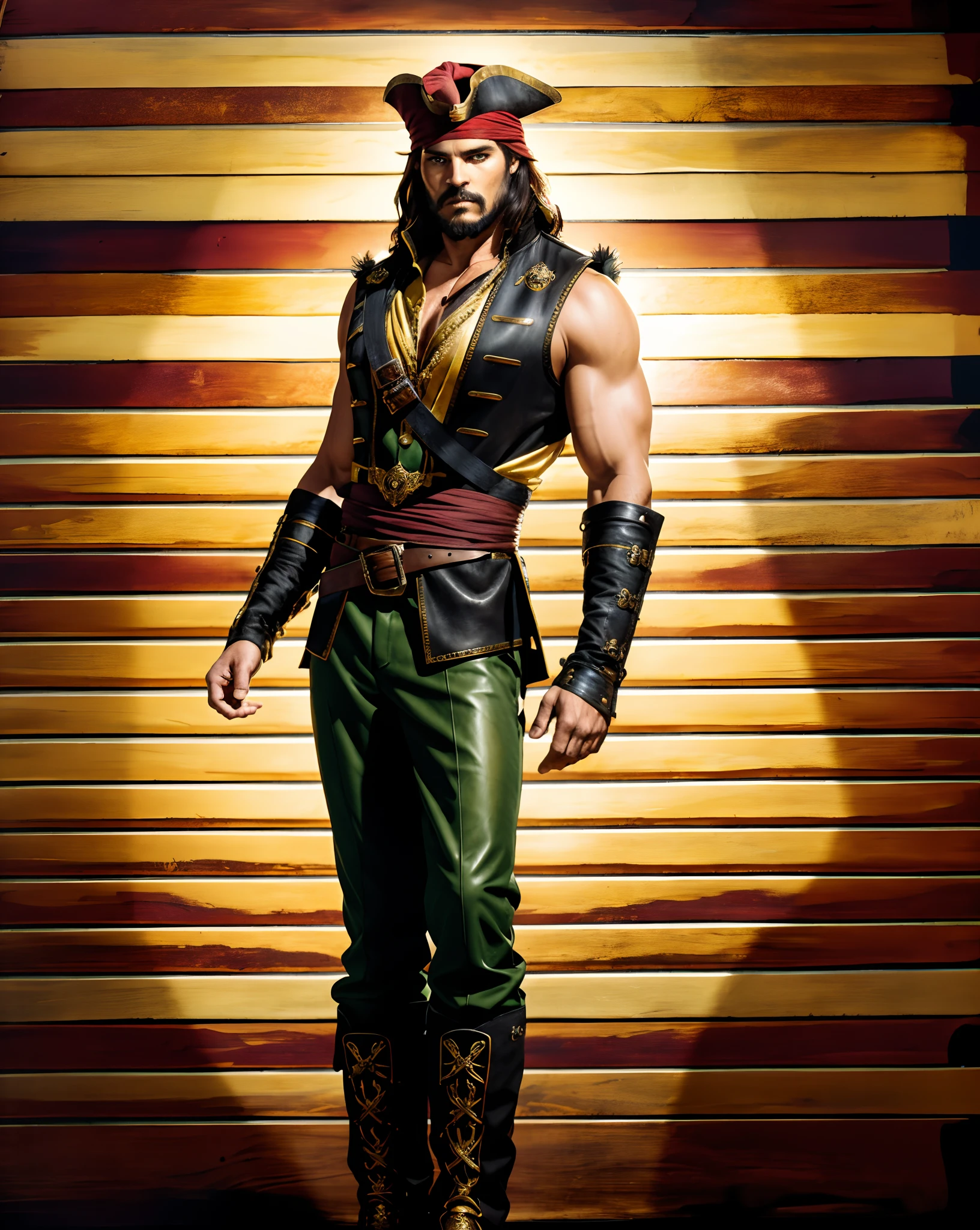 A middle-aged man with long black hair, medium length hair, wears a small round felt hat on his head, he has a cunning and sharp gaze, a beard, a tall and imposing figure, a fantasy-style pirate coat, sleeveless, exquisite stripes, a large skull pattern, has a golden sash around his waist, a leather belt with bone decorations, long gloves with metal ornaments, two-tone utility pants, knee-high leather boots, primarily in shades of black, accented by touches of red and yellow, he stands proudly at the bow of a massive pirate ship, this character embodies a finely crafted fantasy-style pirate in anime style, characterized by an exquisite and mature manga illustration art style, high definition, best quality, highres, ultra-detailed, ultra-fine painting, extremely delicate, professional, anatomically correct, symmetrical face, extremely detailed eyes and face, high quality eyes, creativity, RAW photo, UHD, 8k, Natural light, cinematic lighting, masterpiece:1.5