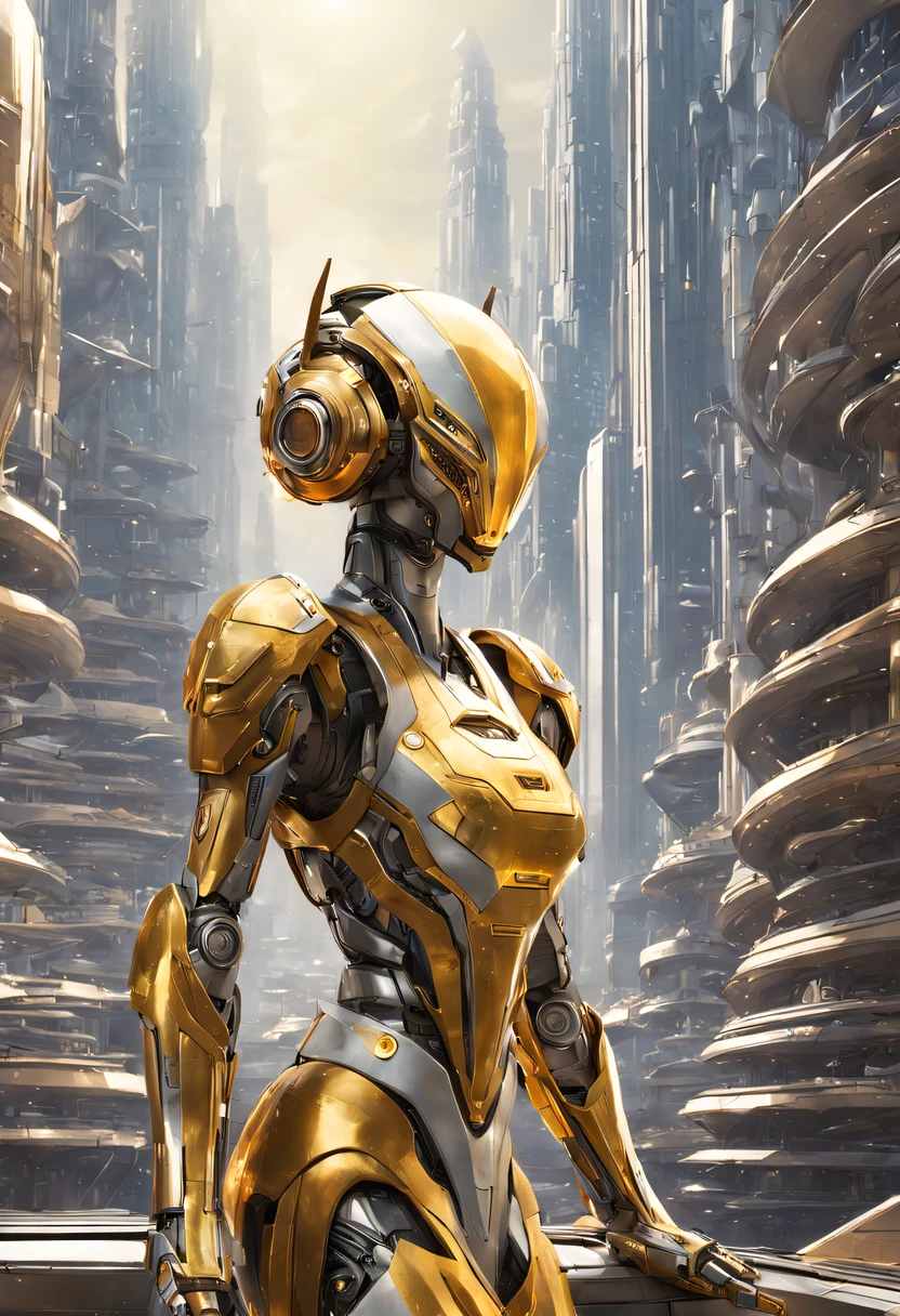 On an unknown planet there is a futuristic city with immense buildings of technological design, con estructuras acristaladas en plata, oro y bronce y maquinarias espectaculares en la que sobrevive un robot femenino espectacular. con colores vivos.