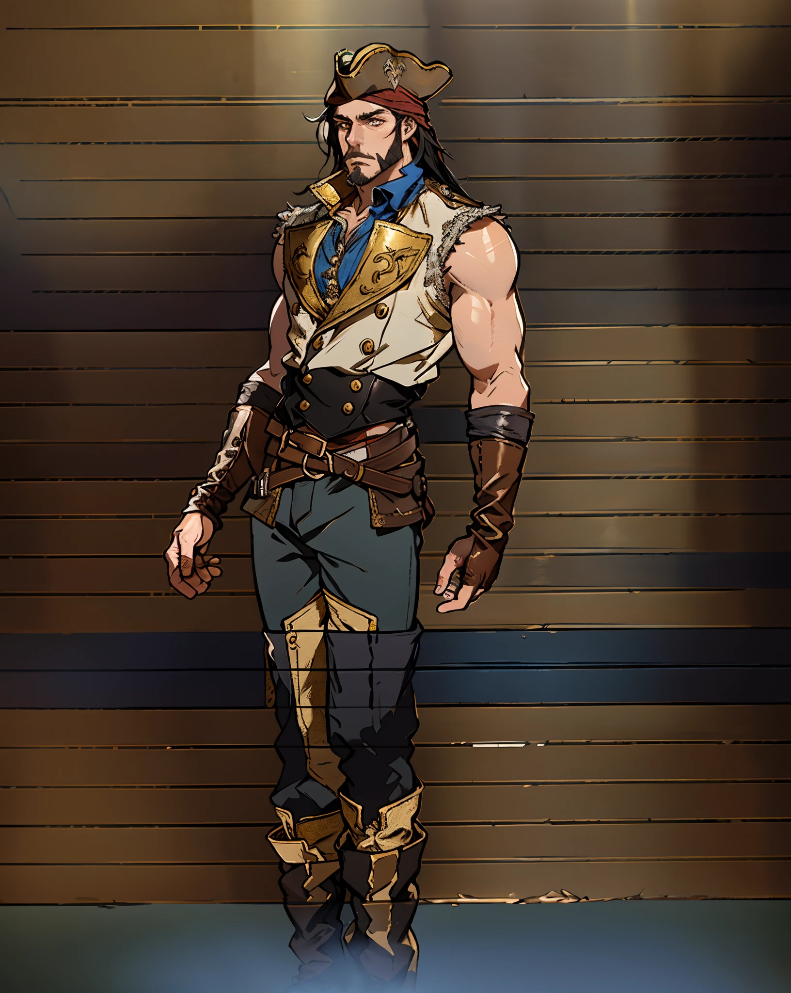 A middle-aged man with long black hair, medium length hair, wears a small round felt hat on his head, he has a cunning and sharp gaze, a beard, a tall and imposing figure, a fantasy-style pirate coat, sleeveless, exquisite stripes, a large skull pattern, has a golden sash around his waist, a leather belt with bone decorations, long gloves with metal ornaments, two-tone utility pants, knee-high leather boots, primarily in shades of black, accented by touches of red and yellow, he stands proudly at the bow of a massive pirate ship, this character embodies a finely crafted fantasy-style pirate in anime style, characterized by an exquisite and mature manga illustration art style, high definition, best quality, highres, ultra-detailed, ultra-fine painting, extremely delicate, professional, anatomically correct, symmetrical face, extremely detailed eyes and face, high quality eyes, creativity, RAW photo, UHD, 8k, Natural light, cinematic lighting, masterpiece:1.5