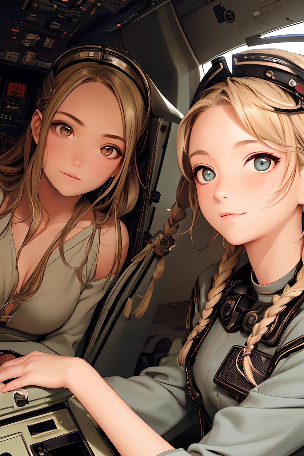 two women, sitting in cockpit of world war 2 era fighter airplane, (((Masterpiece))), ((((Best quality)))), (((Ultra-detailed))), (CG illustration), ((Extremely delicate and beautiful)),(Cute and delicate face),Cinematic light,smiling, (Character focus), long flowing hair, braided hair with rainbow highlights, (geometric:1.2), decorative headdress, range murata, last exile anime style, mechanical halo, cleavage,