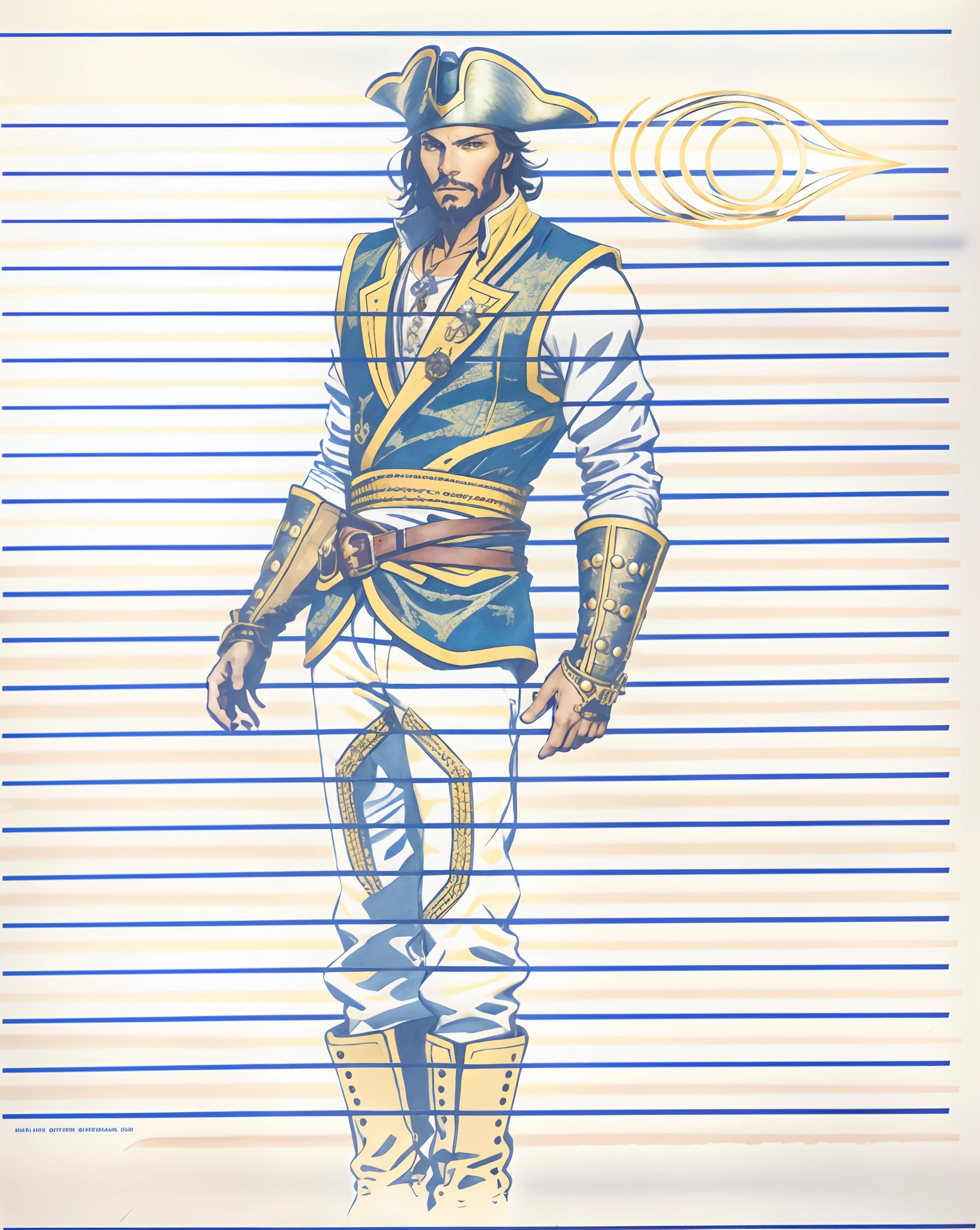 A middle-aged man with long black hair, medium length hair, wears a small round felt hat on his head, he has a cunning and sharp gaze, a beard, a tall and imposing figure, a fantasy-style pirate coat, sleeveless, exquisite stripes, a large skull pattern, has a golden sash around his waist, a leather belt with bone decorations, long gloves with metal ornaments, two-tone utility pants, knee-high leather boots, primarily in shades of black, accented by touches of red and yellow, he stands proudly at the bow of a massive pirate ship, this character embodies a finely crafted fantasy-style pirate in anime style, characterized by an exquisite and mature manga illustration art style, high definition, best quality, highres, ultra-detailed, ultra-fine painting, extremely delicate, professional, anatomically correct, symmetrical face, extremely detailed eyes and face, high quality eyes, creativity, RAW photo, UHD, 8k, Natural light, cinematic lighting, masterpiece:1.5
