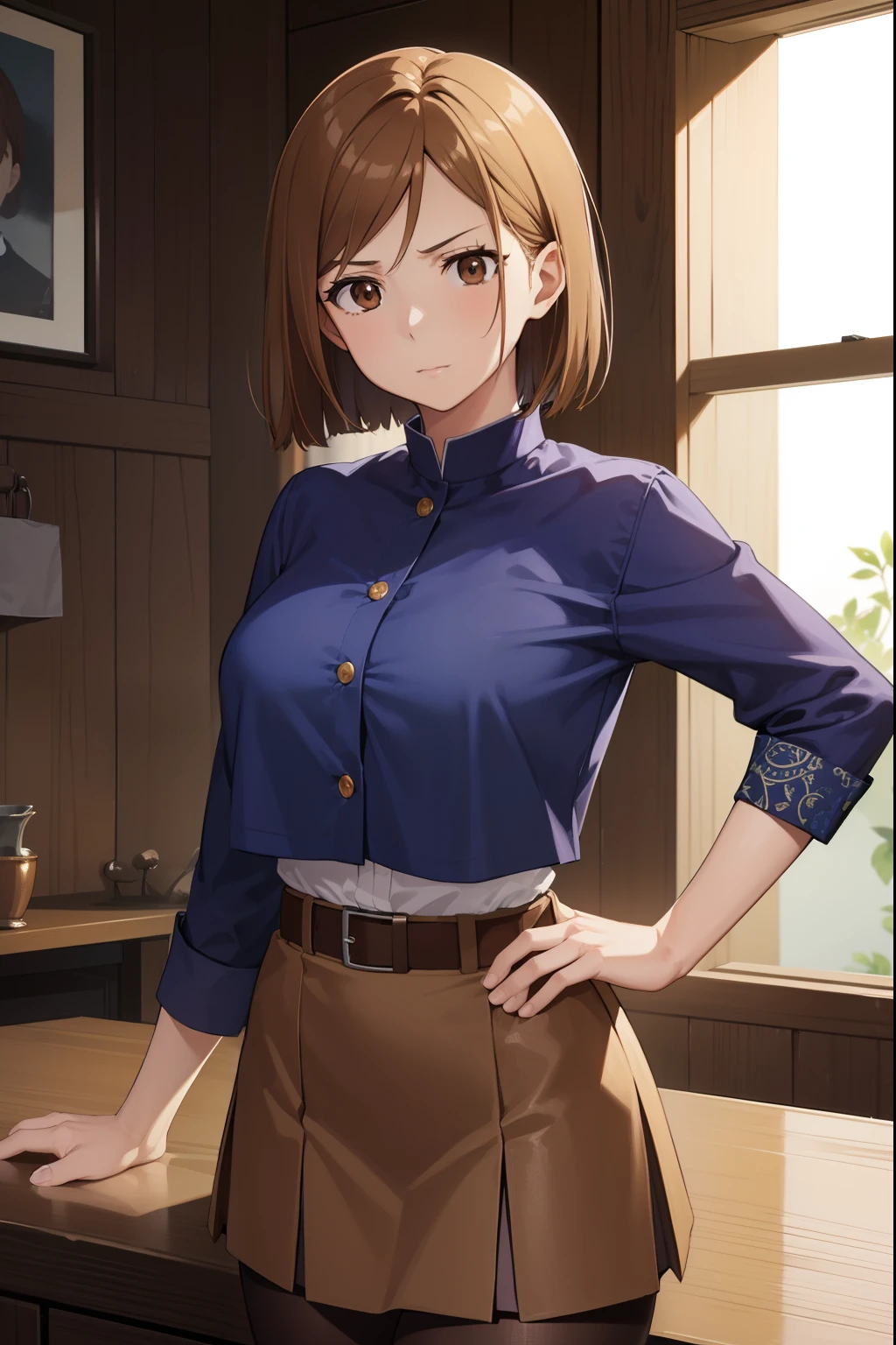 Hisatake Nohara, kugisaki-nobara, bob cuts, (Brown eyes:1.7), Brown hair, Lips, Short hair,
Brake belt, brown belt, Brown pantyhose, croptop, crop top overhang, Jiu-Jitsu Tech Uniform, pantyhose, Pleated skirt, shirt tucked in, Skirt, Blue skirt, Blue crop top,
BREAK looking at viewer,
Break indoors, crass room,
BREAK (masutepiece:1.2), Best Quality, High resolution, Unity 8k壁纸, (Illustration:0.8), (Beautiful detailed eyes:1.6), extra detailed face, Perfect Lighting, extremely details CG, (Perfect hands, Perfect Anatomy),