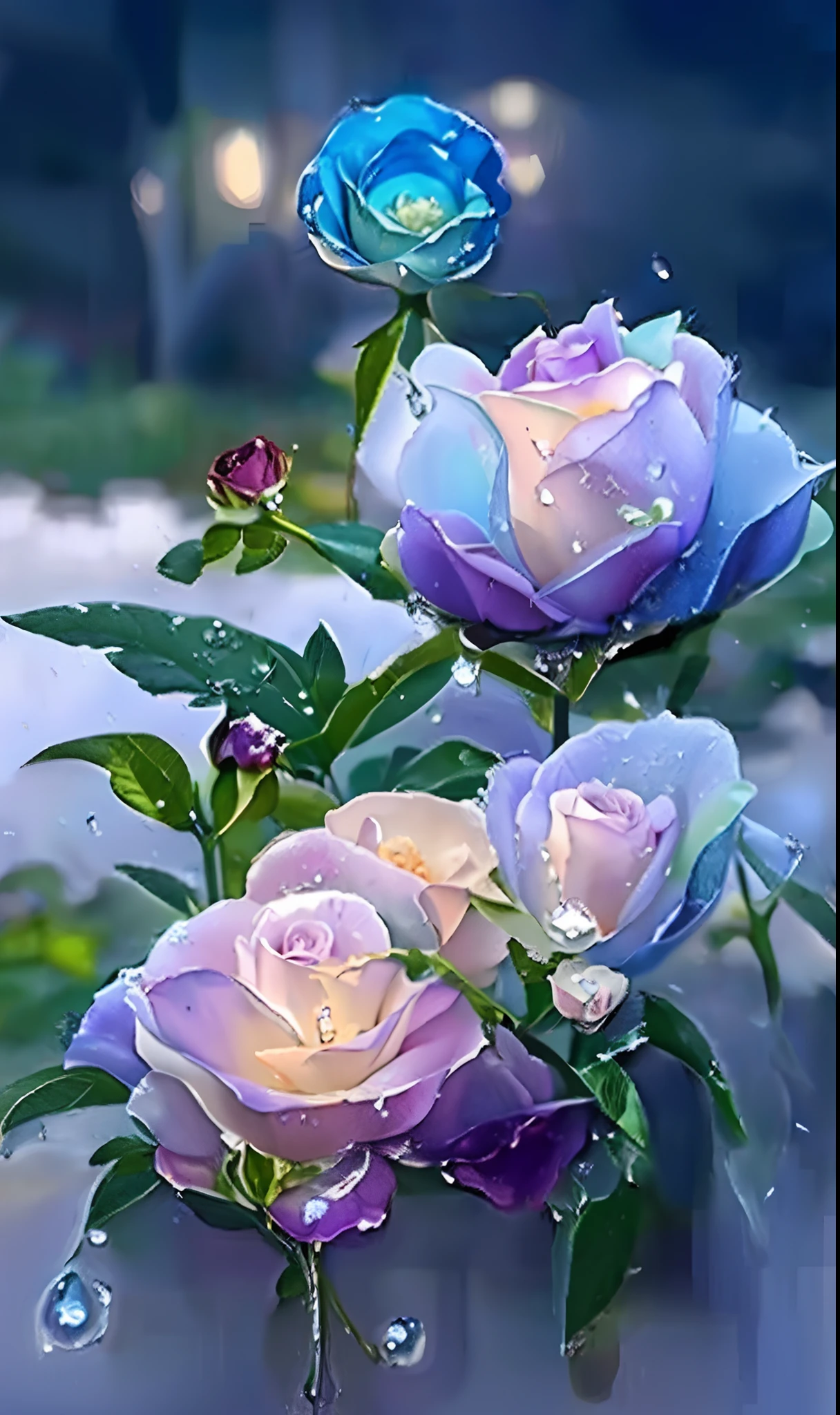 Two roses sitting in the rain, realistic flowers oil painting, beautiful flowers and crystals, magical colorful flowers, translucent roses ornate, Magical flowers, Beautiful large flowers, pastel roses, Blue rose, Incredibly beautiful, Luminous flowers, Beautiful flowers, elegant flowers, beautiful flowers growing, sparkling petals, decorative roses, Blooming flowers, Glowing flowers, blue and purple plants