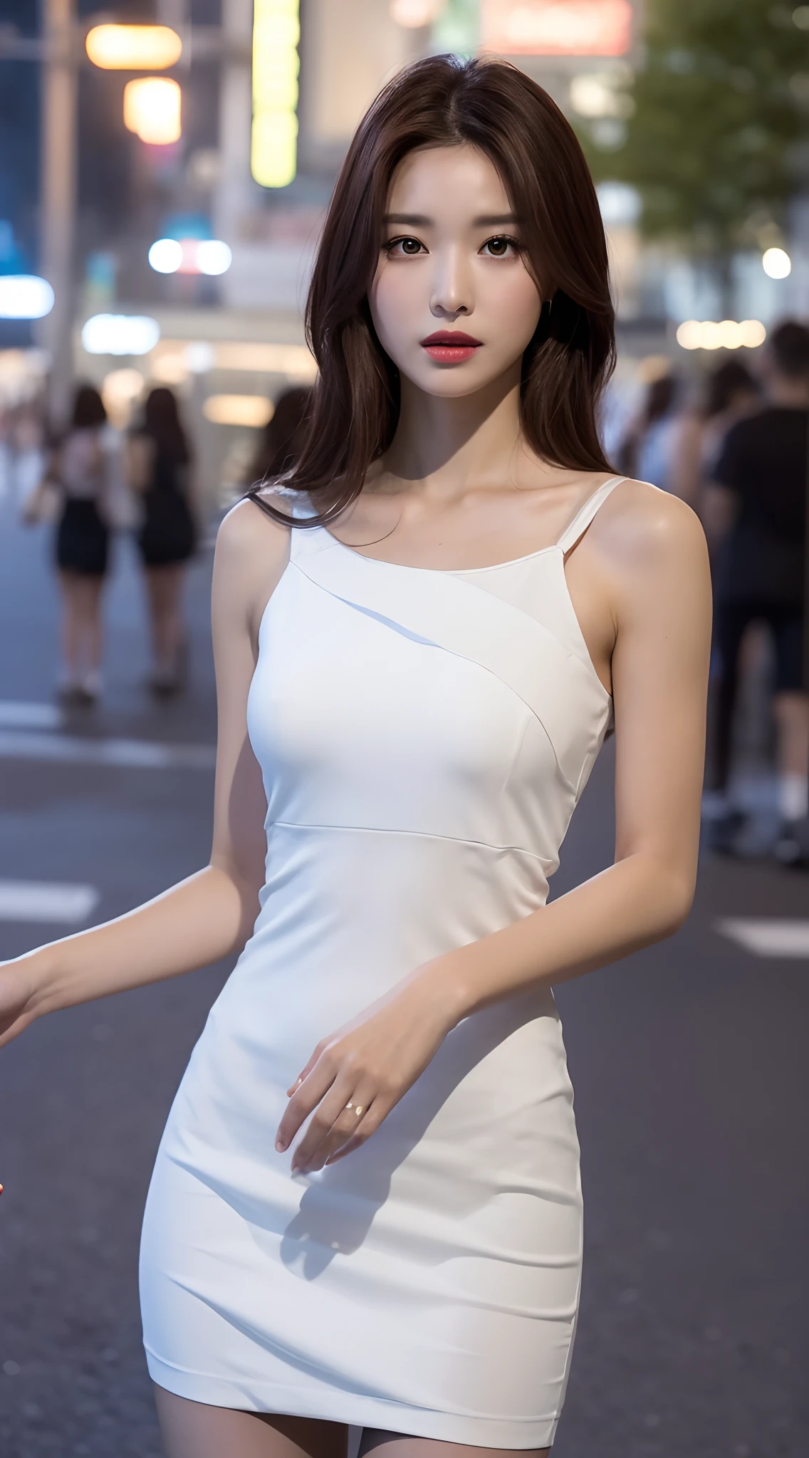 ((Realistic lighting, Best quality, 8K, Masterpiece: 1.3)), Clear focus: 1.2, 1girl, Perfect body beauty: 1.4, Slim abs: 1.1, ((dark brown hair)), (White dress: 1.4), (Outdoor, night: 1.1), City Street, Super Fine Face, Fine Eyes, Double Eyelids, (Over the knee black stockings: 1.5)