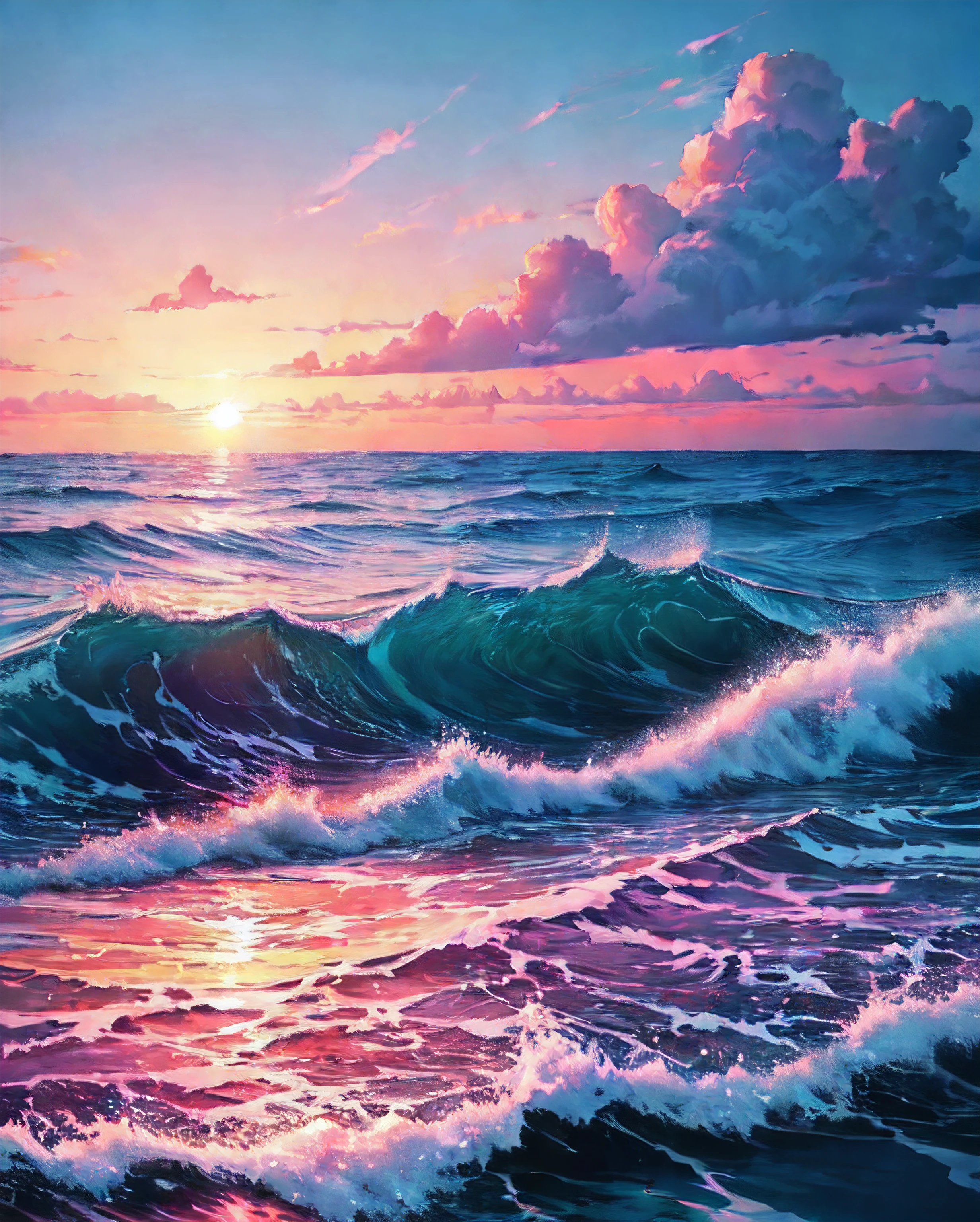 a painting of a sunset over the ocean, a digital painting, tumblr, wallpaper anime blue water, pink and blue colour, clouds and waves, rossdraws pastel vibrant, endless sea, magenta and blue