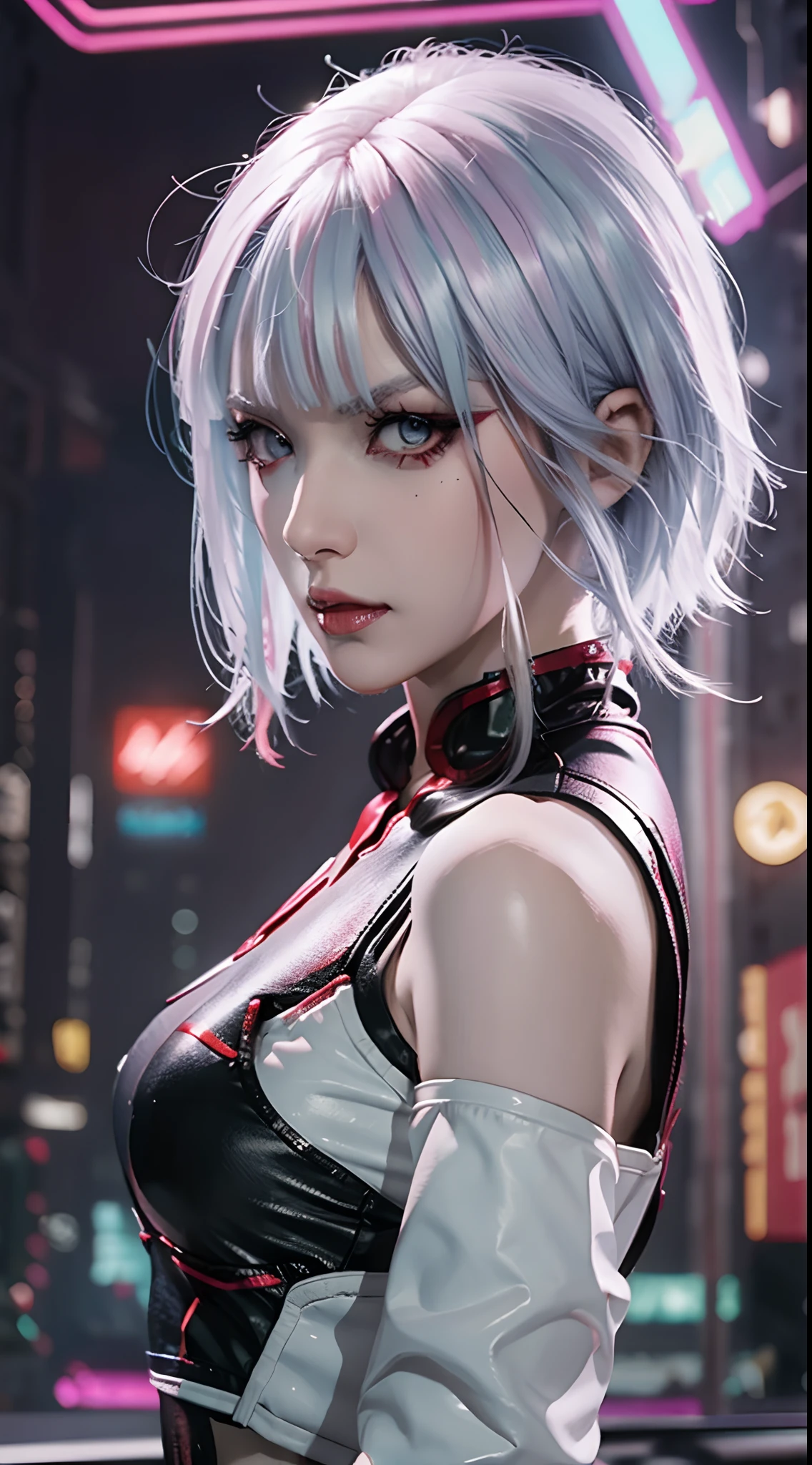 (masterpiece, best details), lucy_cyberpunk, (close up),1 sweet girl,white short hair, bangs,(medium breasts:1.5) ((red eyeliner)), ((makeup)),red lips, (white off-shouler jacket), black bodysuit, bare shoulders, white shorts, hip vent, (dynamic pose), looking at viewer, upper body,fantasy, high contrast,cityscape, neon lights, neon trim, ((cyberpunk)), (seducing expression, slight smile), low angle