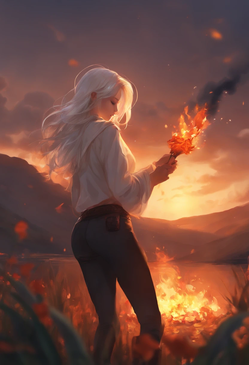 1girl, Bangs, breathing fire, burning, Burnt clothes, embers, ahoge, beige hair, multi-colored hair, fire, flame, The Flaming Sword, (Hand on the handle), Standing, Long hair, pyrokinesis, expressionless, Smoke, flower(symbol), 独奏, sparks, Sunset, twilight, white flower, Molten rock, lily (flower), Fire Flower, Depth of field, burning ,
