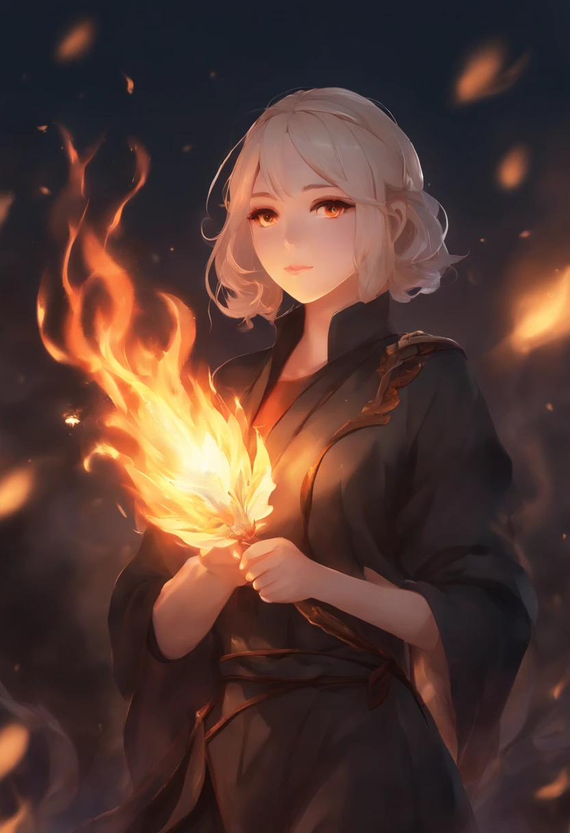 1girl, Bangs, breathing fire, burning, Burnt clothes, embers, ahoge, beige hair, multi-colored hair, fire, flame, The Flaming Sword, (Hand on the handle), Standing, Long hair, pyrokinesis, expressionless, Smoke, flower(symbol), 独奏, sparks, Sunset, twilight, white flower, Molten rock, lily (flower), Fire Flower, Depth of field, burning ,