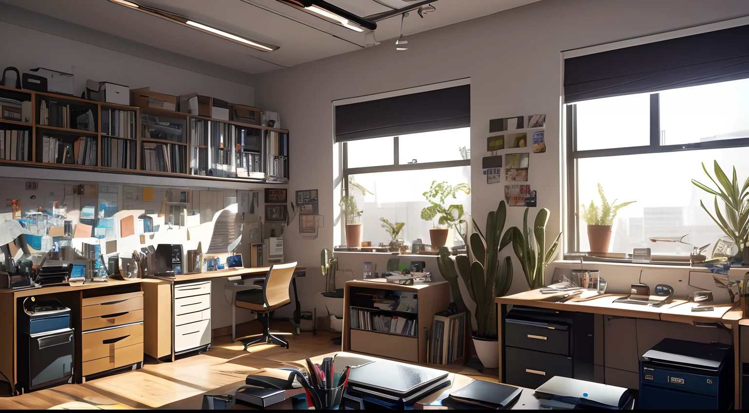 there is a messy office with a lot of clutter and a computer, a portrait by Jan Kupecký, shutterstock, maximalism, cluttered room, cluttered, extreme clutter, cluttered medium shot, inside a cluttered office, clutter, busy room, uncluttered, room full of computers, messy room, with everything in its place, a stappler, a couple photo on desk, a scissor, a ruler, a pencil case, a calendar, a wall watch, desk watch, a laptop, a desk toys, pile of paper, a bag, a little aquarium, a little pot of cactus on desk