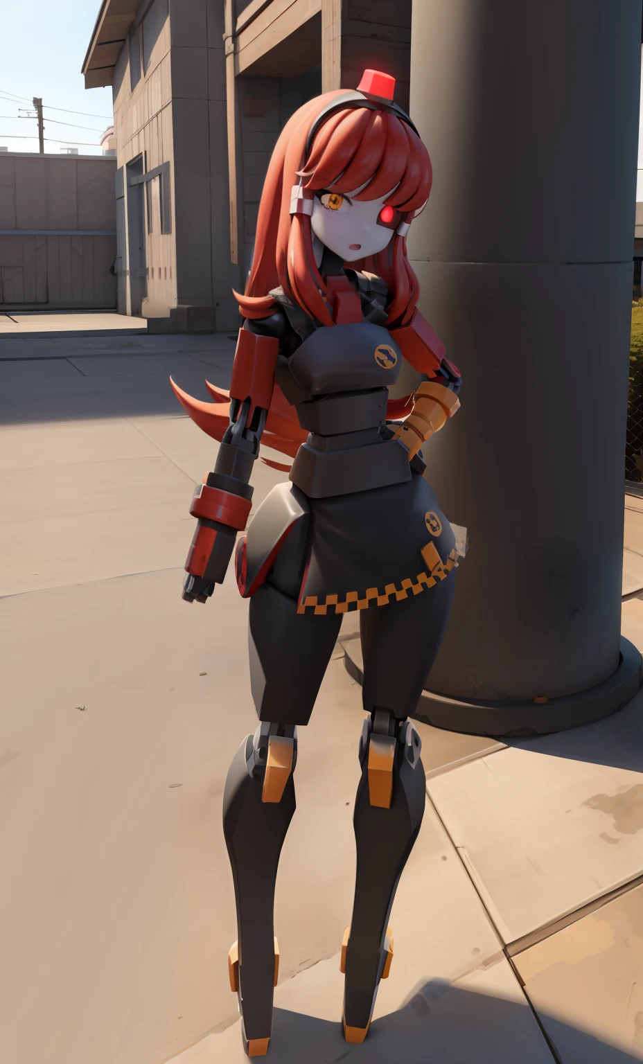 Anime girl leaning on a pillar in a daze,droid,Mechanical eyes,A robotic arm,Fold your arms with both hands,HighestQuali,PremiumQuality,rendered in sfm,From Team Fortress 2