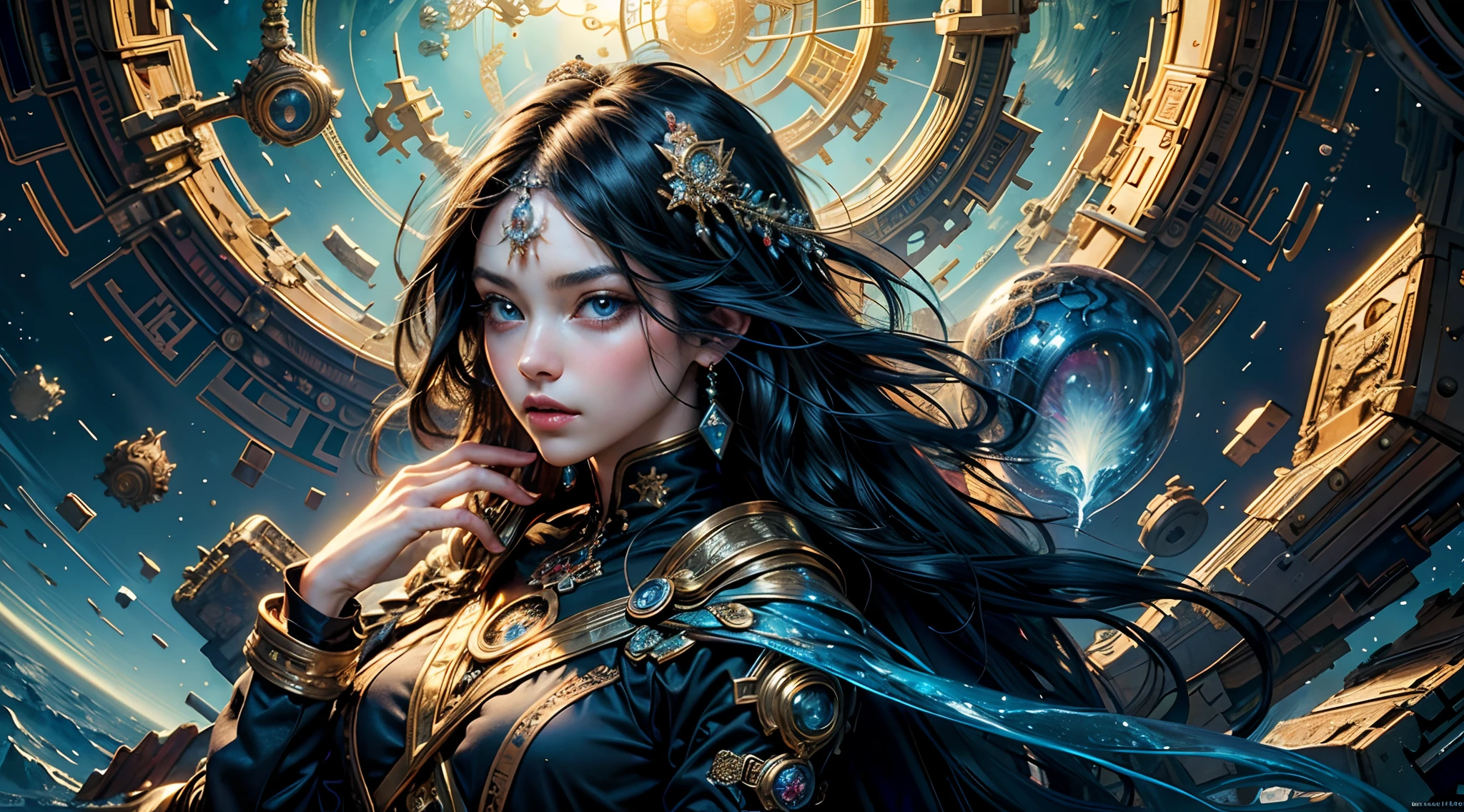 (masterpiece, top quality, best quality, official art, beautiful and aesthetic:1.2), (1girl), extreme detailed,(fractal art:1.3),colorful,highest detailed, black hair, blue eyes, fair skin, wizard, silk dress, angry