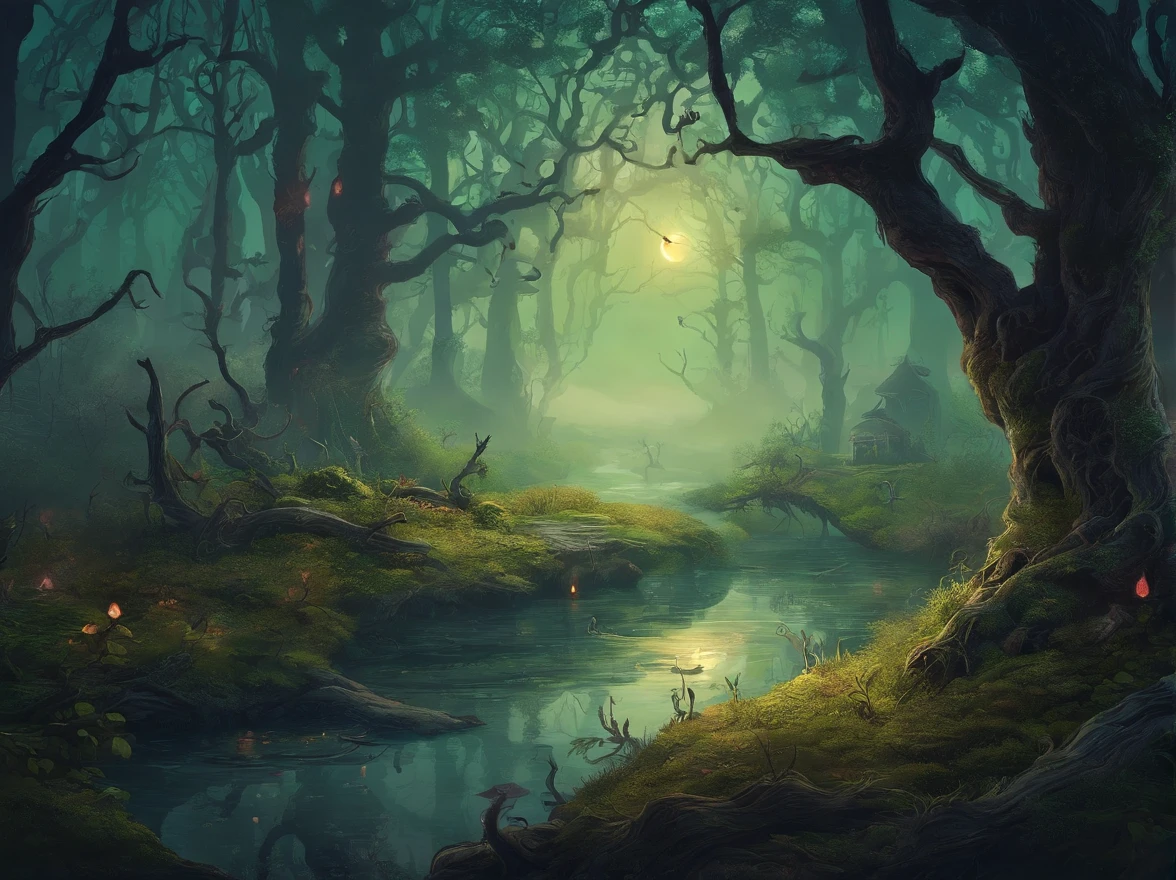 Linger on, There are spooky colorful mushrooms, Mysterious fog, and twisted trees. The scene is captured in a beautiful digital art style. The image quality is the best,The resolution is 4K。. It is very detailed and realistic, Features professional studio lighting and bright colors. The overall tone is dull and impermanent, Create a sense of mystery. The moonlight casts softly, An ethereal glow over the swamp, Light up the path of travelers. The traveler wears tattered clothes,holding a lantern, Add to the atmosphere. The traveler's face is detailed, There was awe and curiosity in his eyes. They carefully walked through the swamp, Step on mossy rocks,Avoid dangerous swamps. The croaking of frogs and distant whispers filled the air, Enhance the creepy atmosphere. The mist moves slowly through the swamp, Add unpredictable elements to your scene.