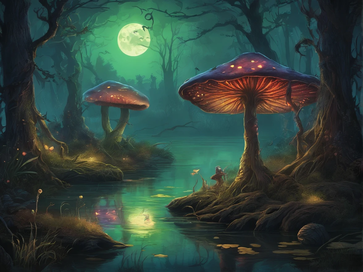 Linger on, There are spooky colorful mushrooms, Mysterious fog, and twisted trees. The scene is captured in a beautiful digital art style. The image quality is the best，The resolution is 4K。. It is very detailed and realistic, Features professional studio lighting and bright colors. The overall tone is dull and impermanent, Create a sense of mystery. The moonlight casts softly, An ethereal glow over the swamp, Light up the path of travelers. The traveler wears tattered clothes，holding a lantern, Add to the atmosphere. The traveler's face is detailed, There was awe and curiosity in his eyes. They carefully walked through the swamp, Step on mossy rocks，Avoid dangerous swamps. The croaking of frogs and distant whispers filled the air, Enhance the creepy atmosphere. The mist moves slowly through the swamp, Add unpredictable elements to your scene.